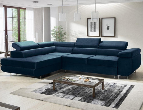 Blue Velour Corner Sofa Bed with Storage | Water-Resistant L Shape Sleeper