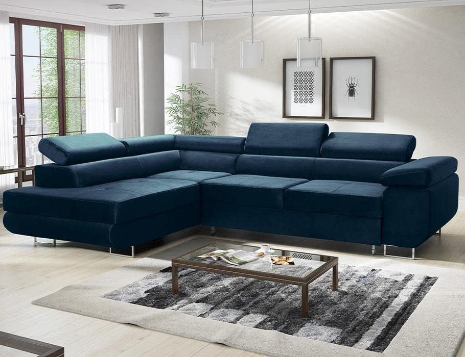 Blue Velour Corner Sofa Bed with Storage | Water-Resistant L Shape Sleeper