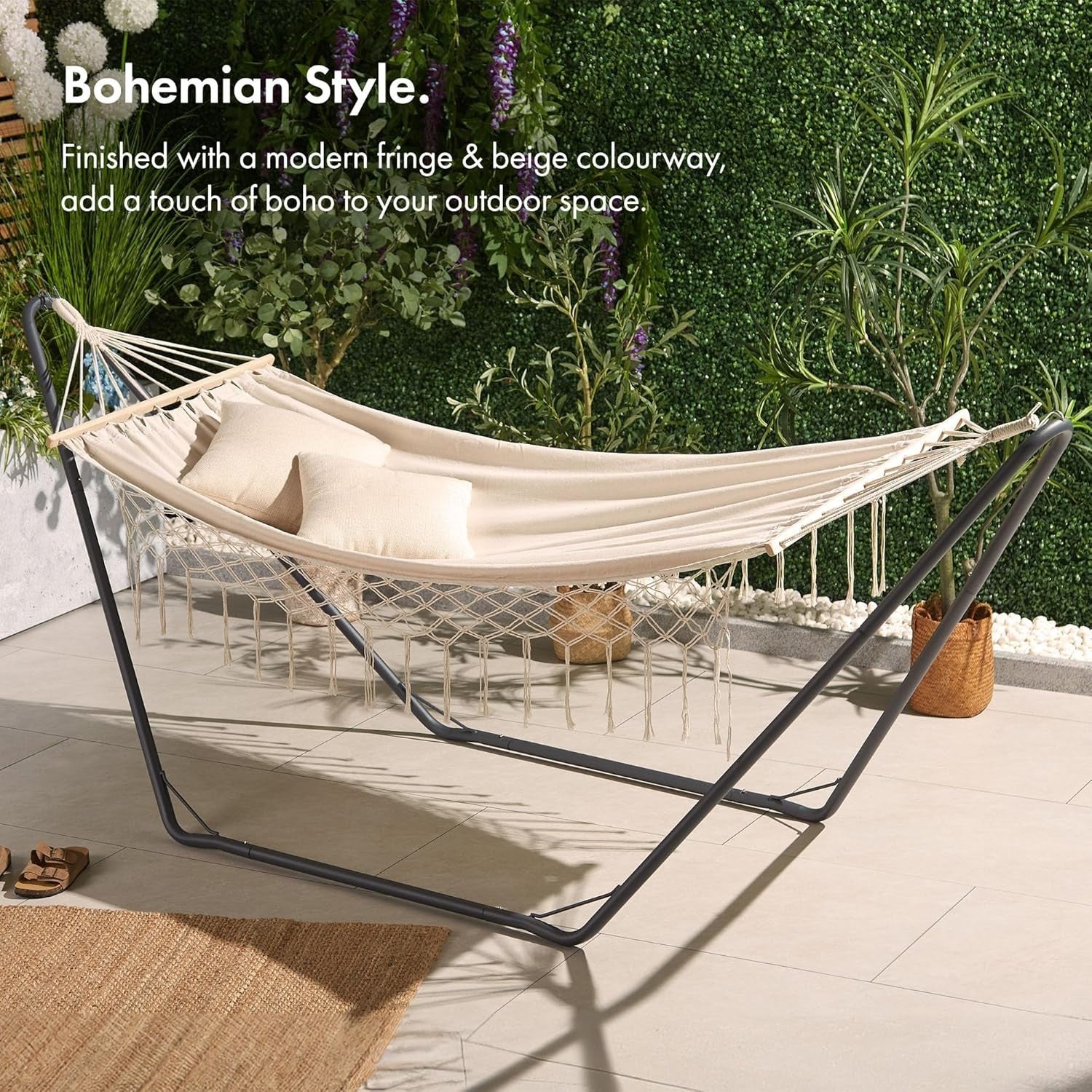 Boho Fringe Garden Hammock with Stand – 1 Person, Beige, Portable & Comfy