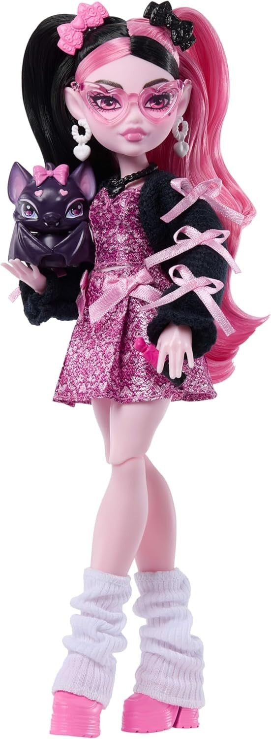 Pink Bow Fashion Doll with Pet Bat 7 Accessories Cute Outfit