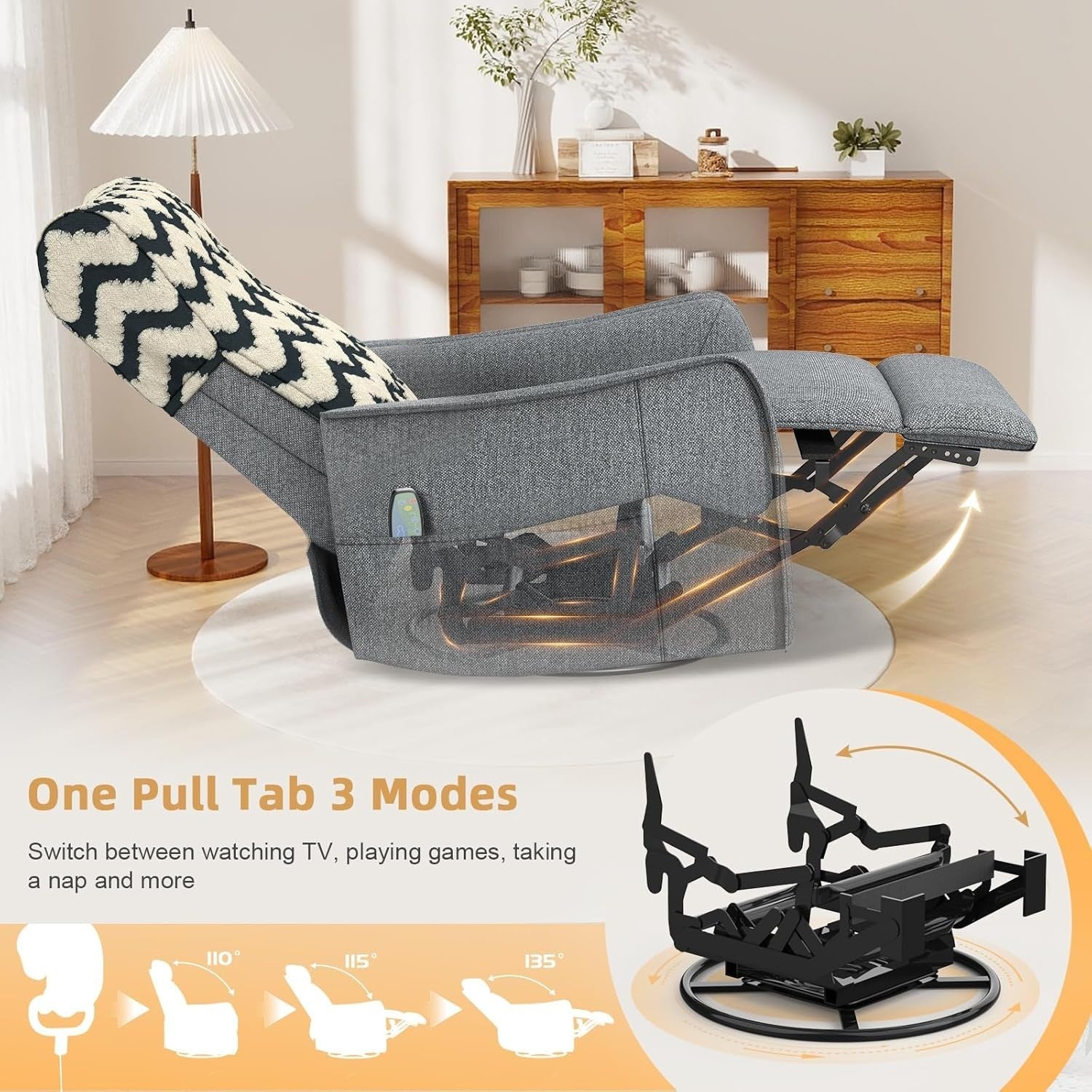 Swivel Rocking Recliner Chair Massage Heat Footrest 3-in-1 + Cover Grey