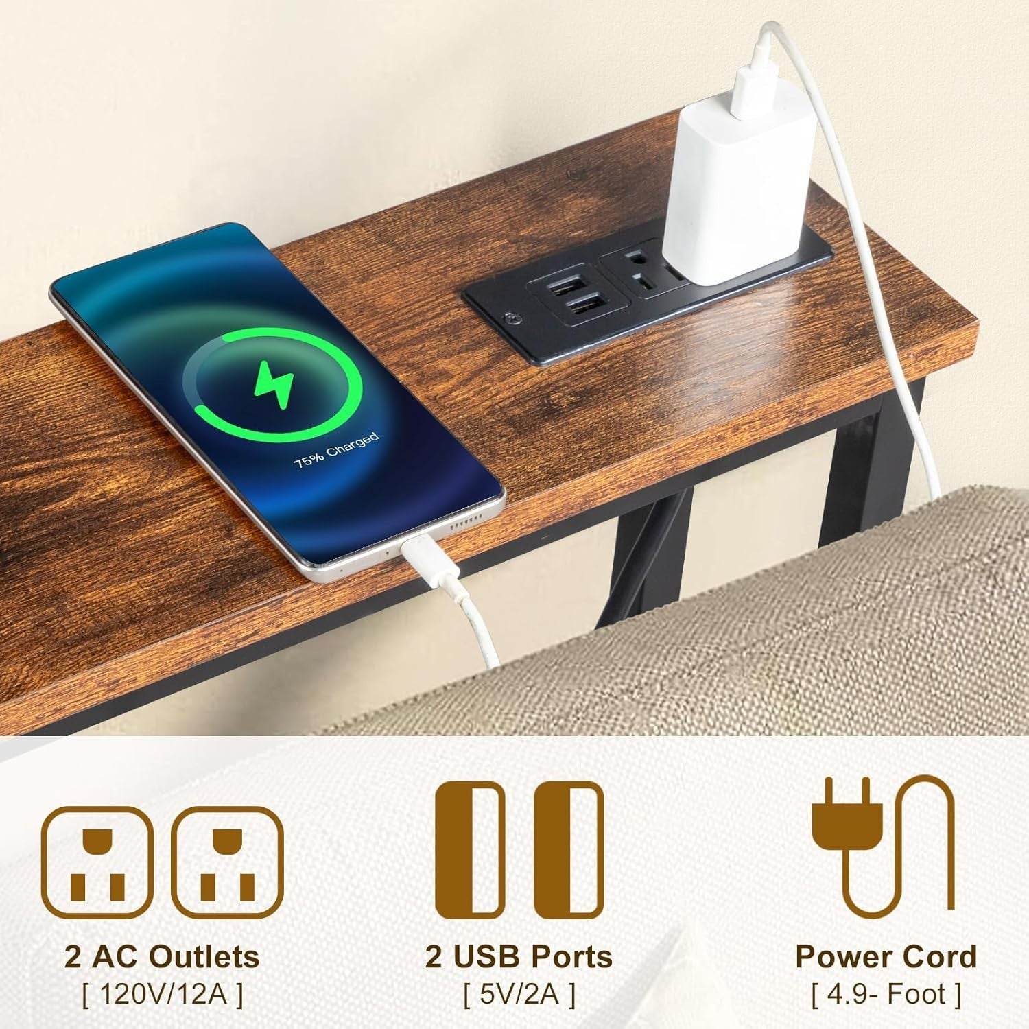 Slim Console Table with Power Outlets & USB, Space-Saving Hallway Desk, 15x100x7