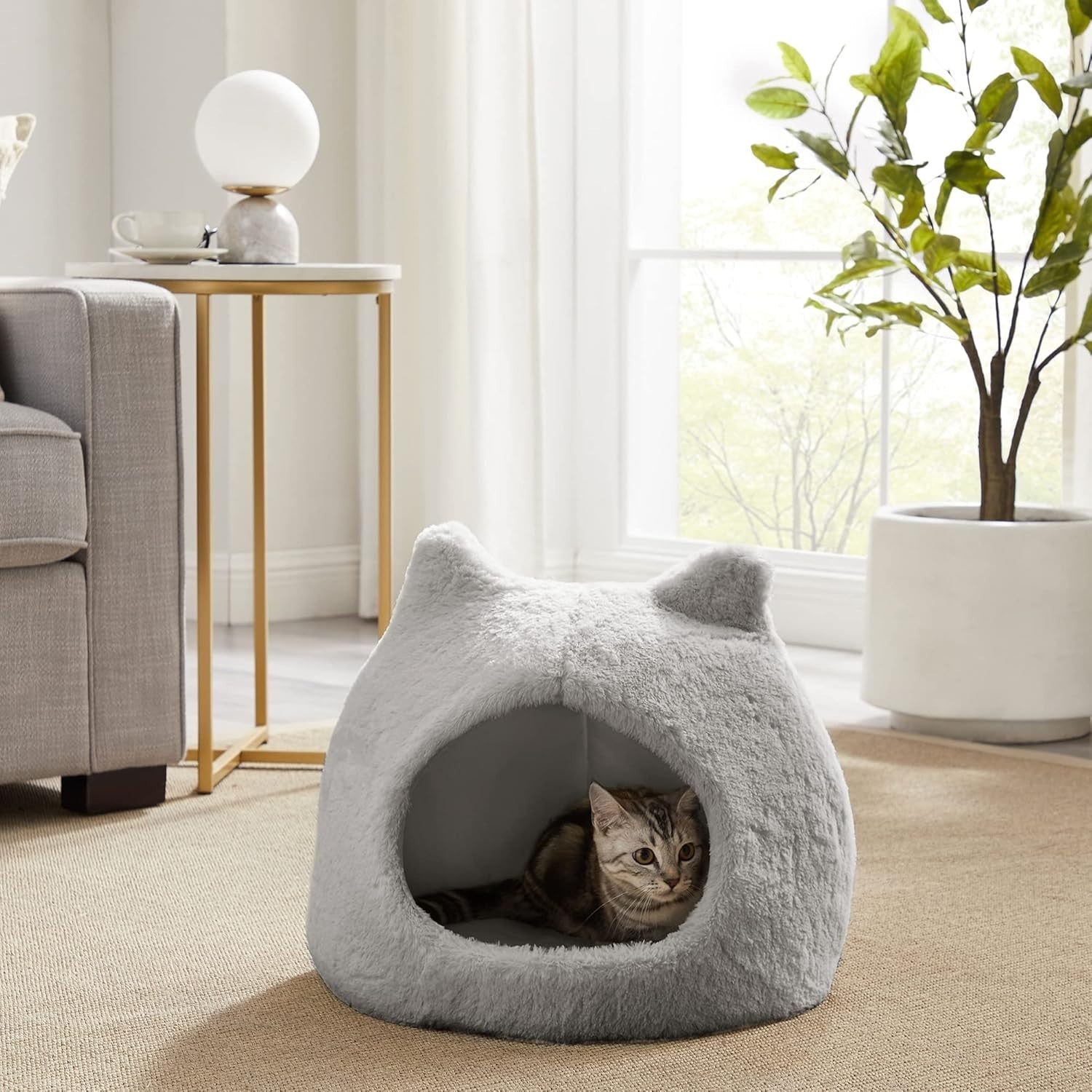 Fur Cover Cat Cave Bed Dome Pet Igloo Washable Cozy Hideaway Gray