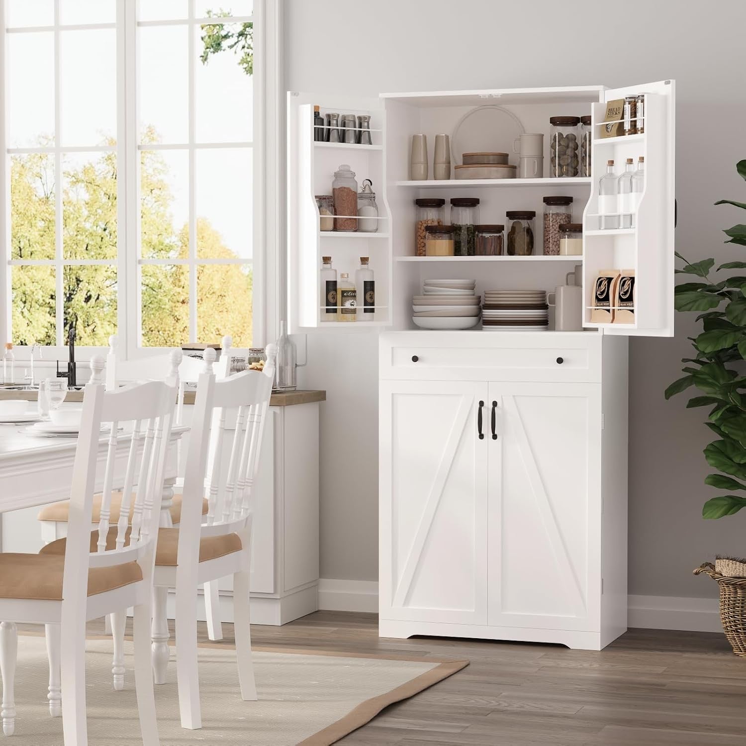 White Kitchen Pantry Cupboard | Large Sideboard Cabinet with Shelves & Drawer