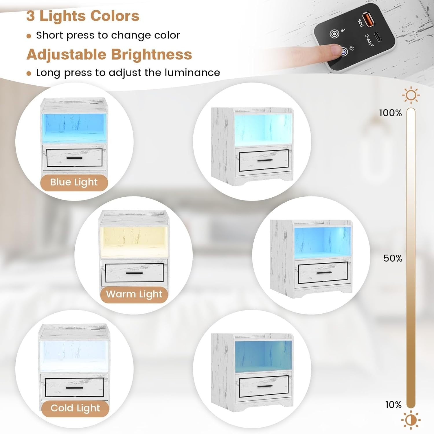 Set of 2 LED Bedside Tables with USB Charging Station & Storage | Modern