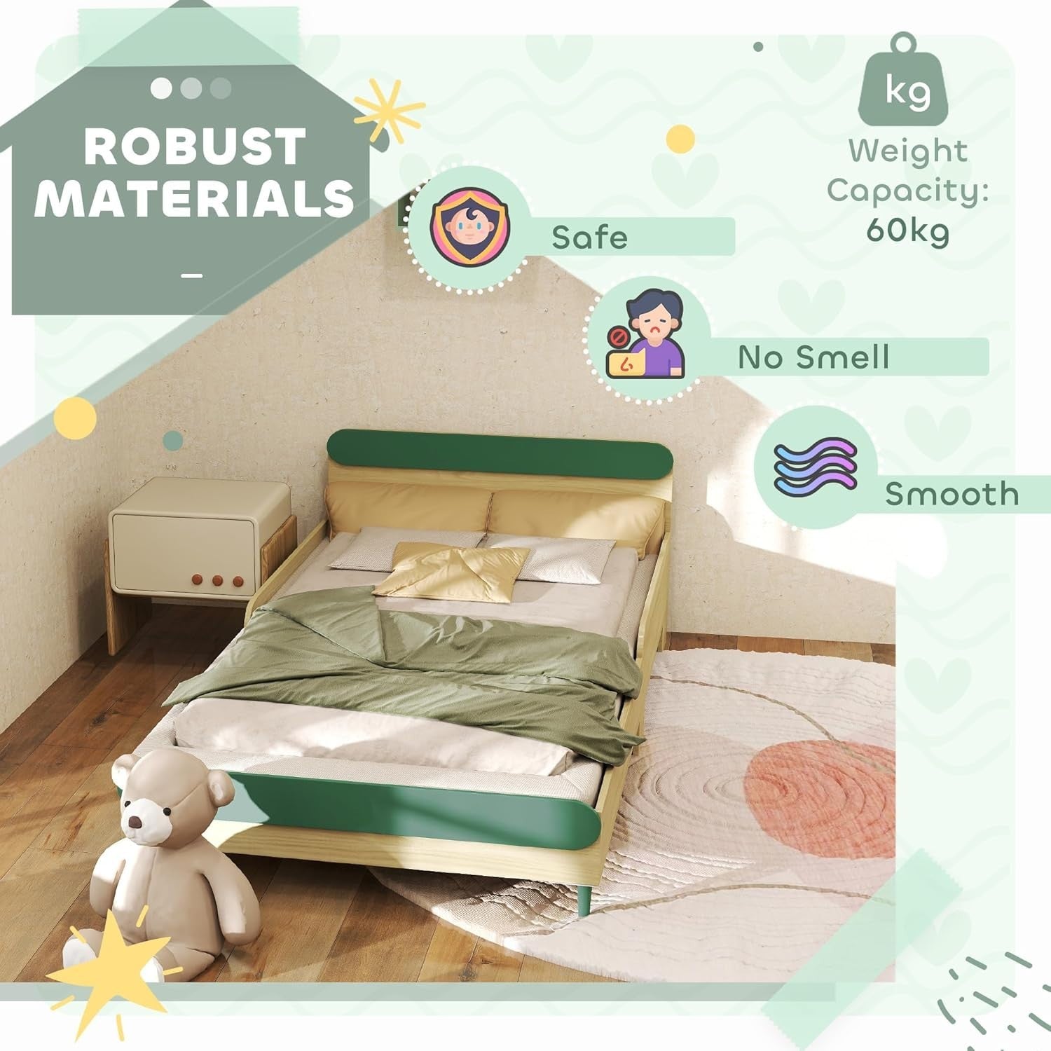 Toddler Bed with Safety Rail Montessori Kids Wooden Frame Green 195x103cm