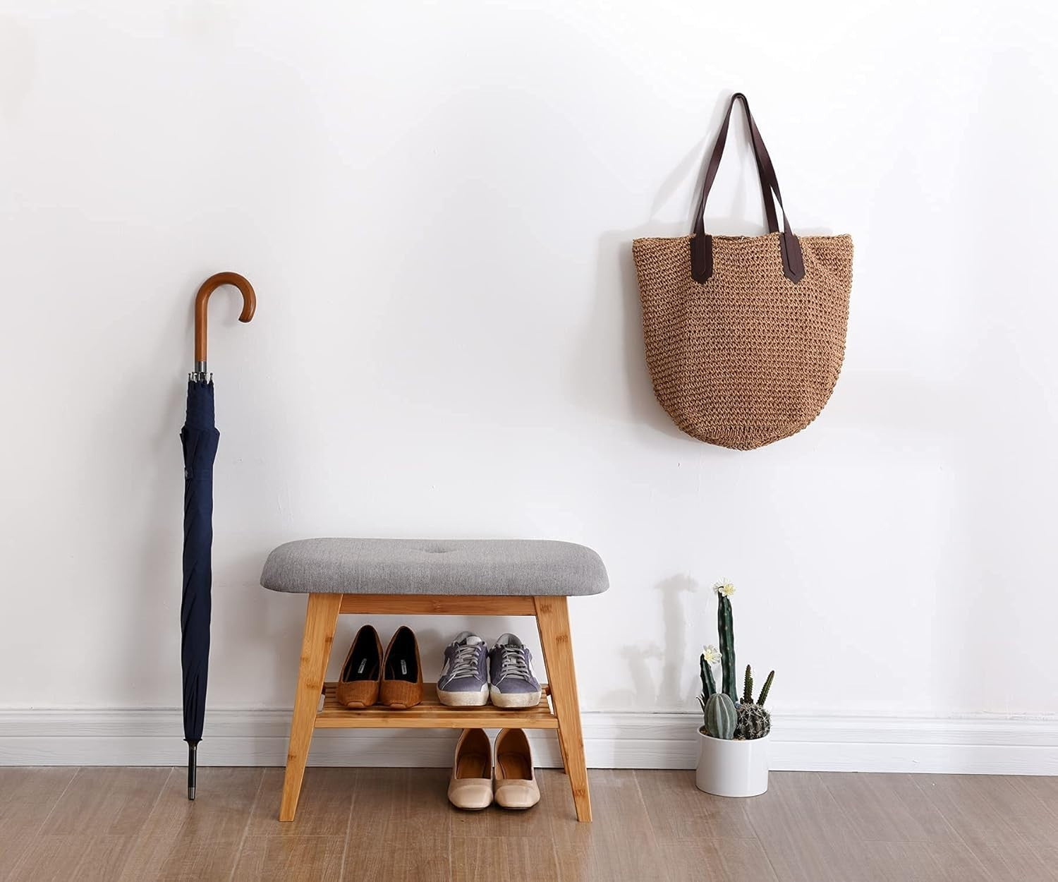 Compact Bamboo Shoe Bench with Cushion & 2-Tier Storage Rack 60cm Nature
