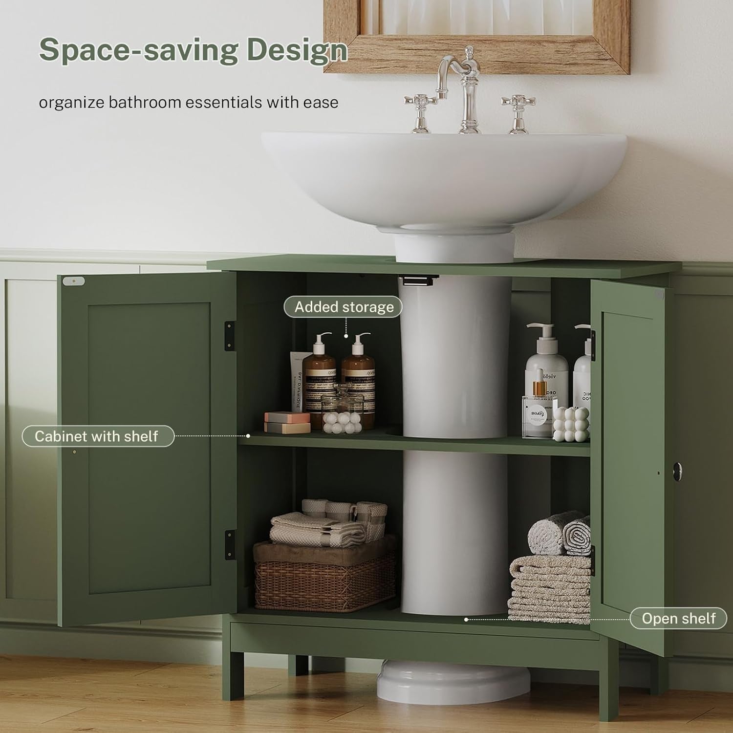Forest Green Under Sink Cabinet – Bathroom Vanity Storage with 2 Doors & Shelf