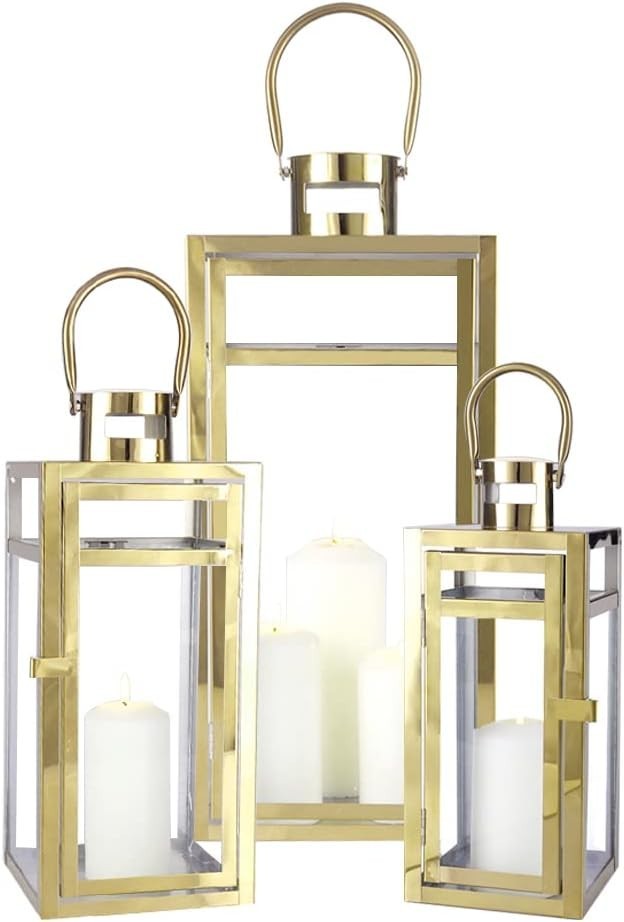 3 Pack Gold Stainless Steel Candle Lanterns Indoor Outdoor Decor