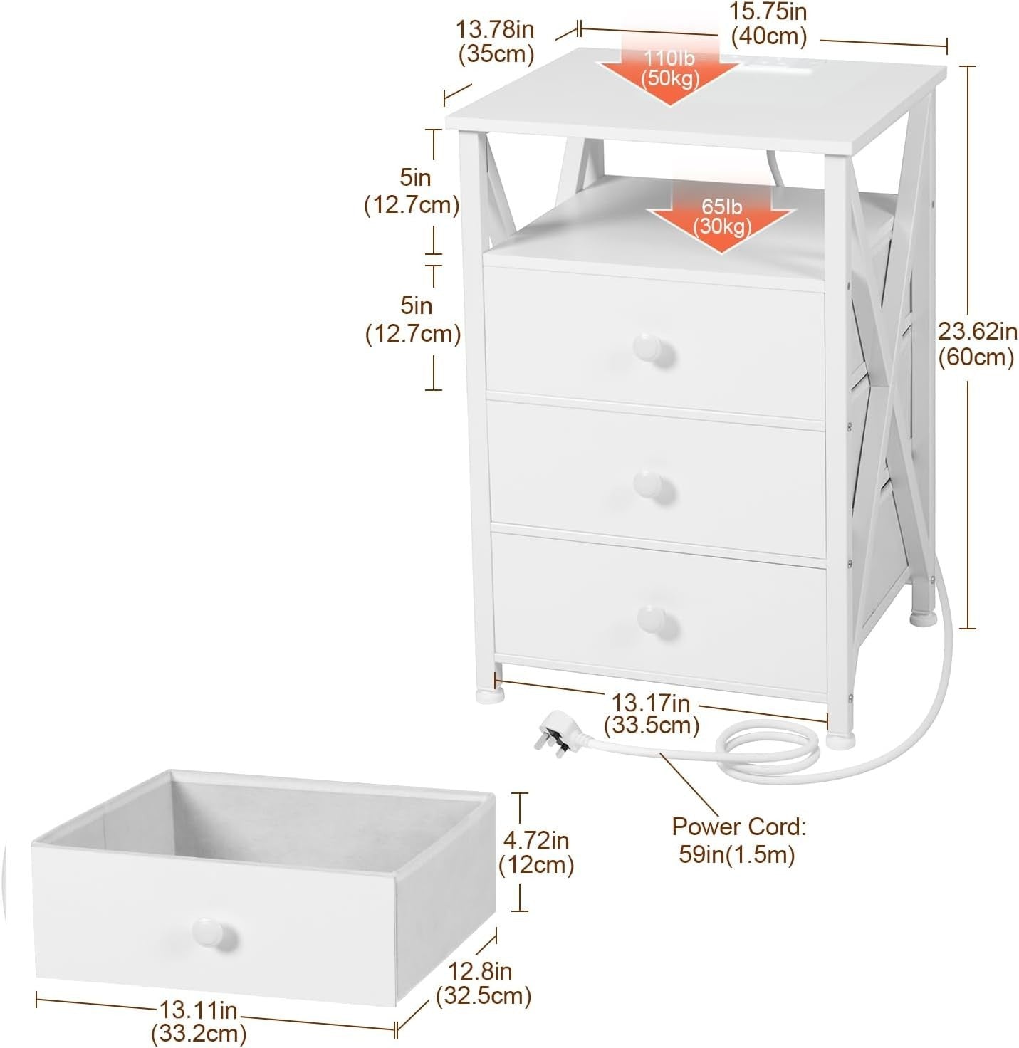 White LED Bedside Table with Charging Station | 3 Drawer Nightstand