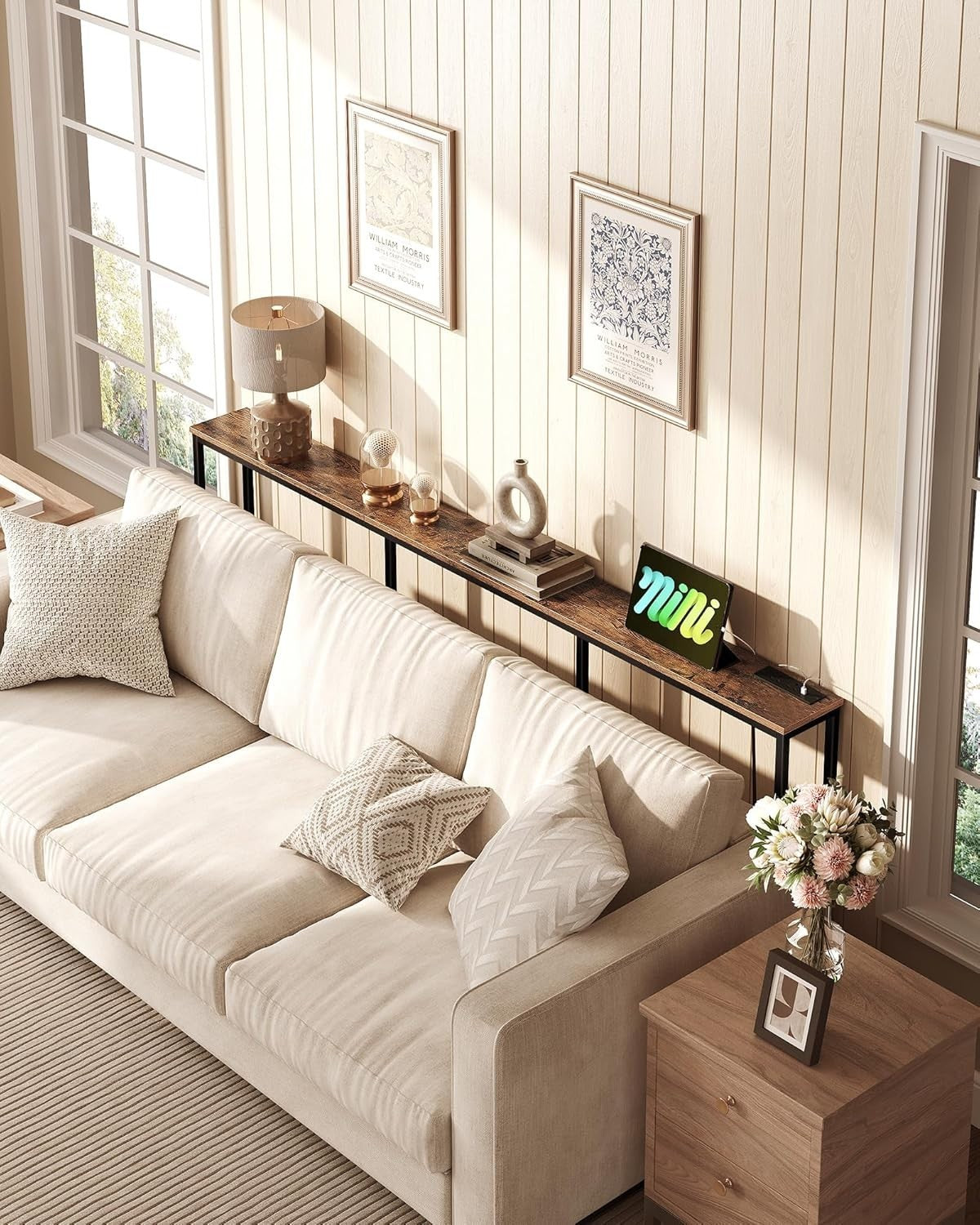 Slim Rustic Console Table with Power Outlet & USB Ports, 200x18x82cm