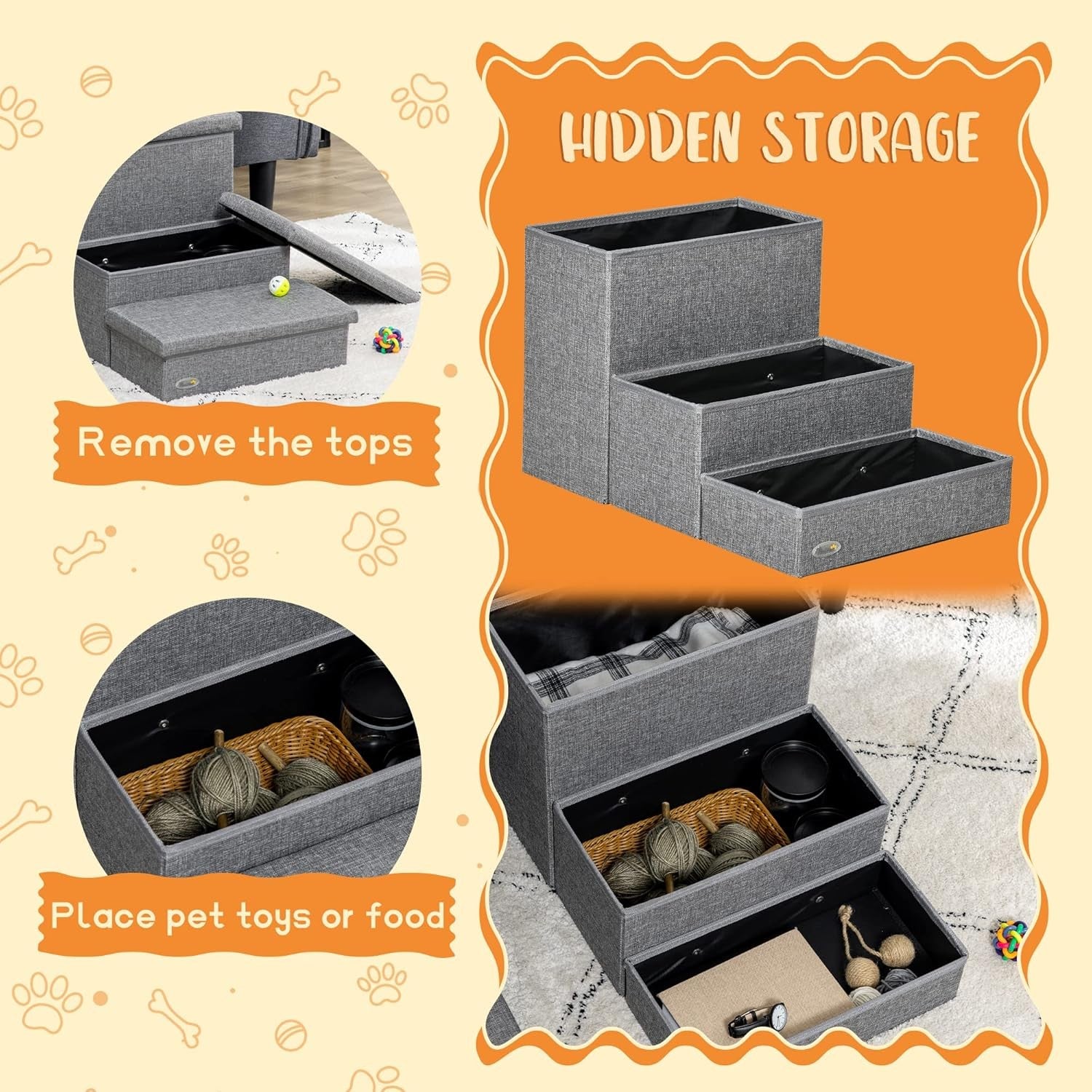 Light Grey 3 Step Dog Stairs with Storage Boxes Pet Steps 63.5cm