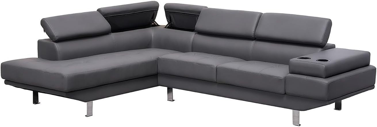 Adjustable Headrest Grey Bonded Leather L-Shape Corner Sofa with Cup Holders