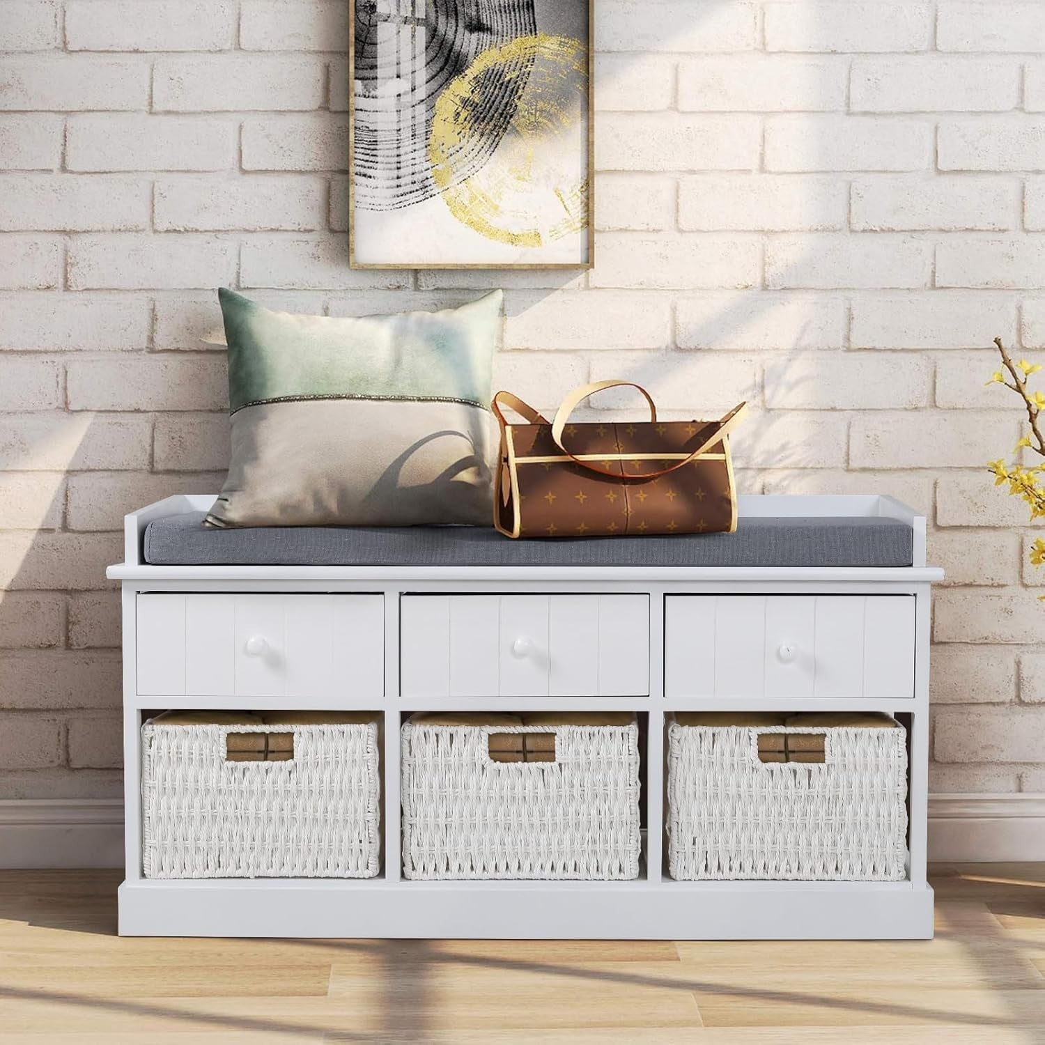 White Storage Bench with Cushion 3 Drawers 3 Wicker Baskets Hallway 100cm