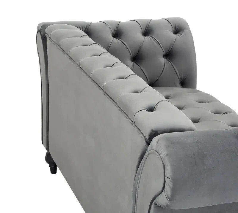Chesterfield 3 Seater Sofa Grey Velvet | Tufted Scroll Arm Couch UK