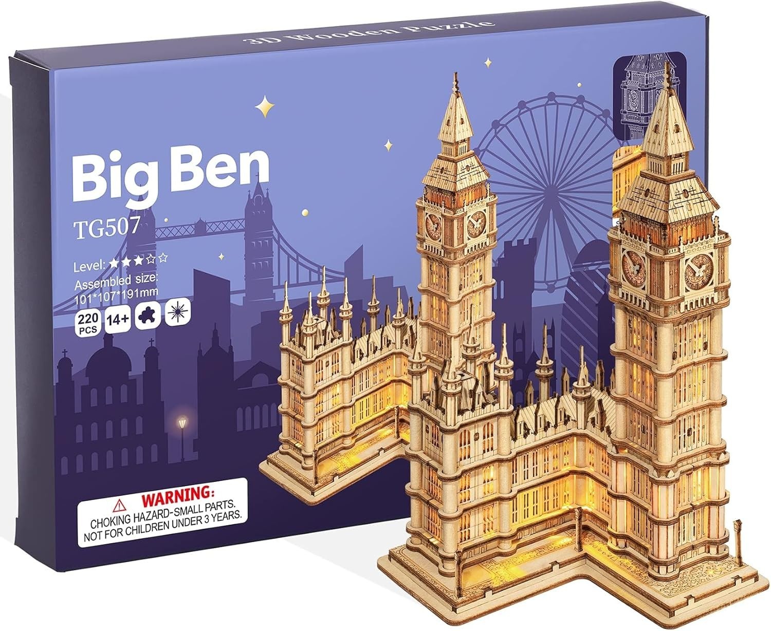 3D Wooden Big Ben Puzzle Model Kit – Laser Cut, Light-Up, Easy Build