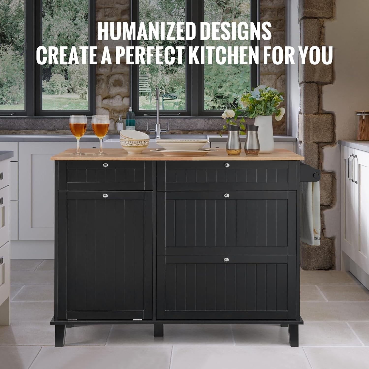 50" Kitchen Island Cart with Drop Leaf, Trash Cabinet, Drawer & Storage – Black
