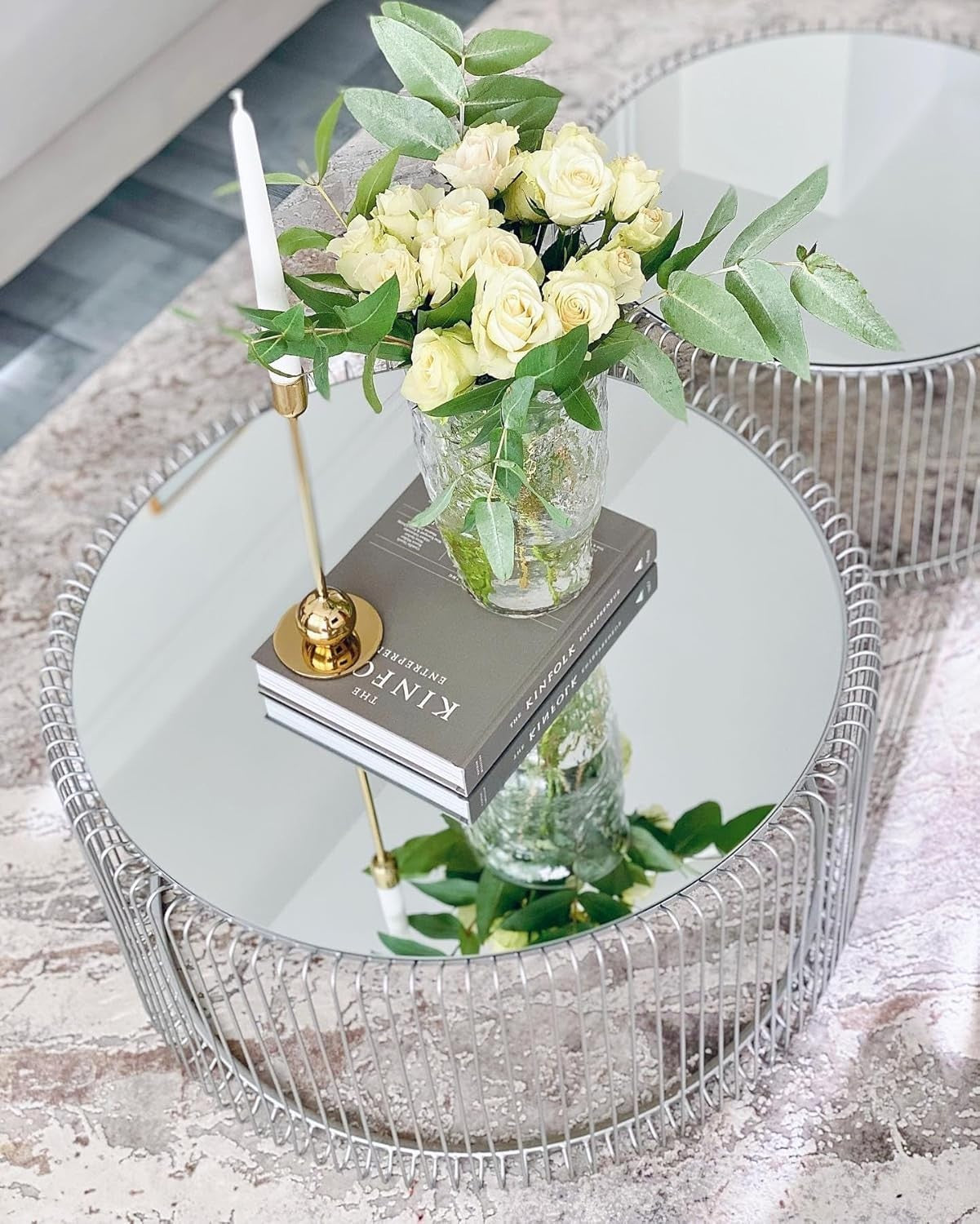Luxury Silver Round Glass Coffee Table Set of 2 – Modern Wire Design
