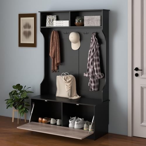 Freestanding Coat Rack with Shoe Bench & Hooks for Hallway Entryway Home