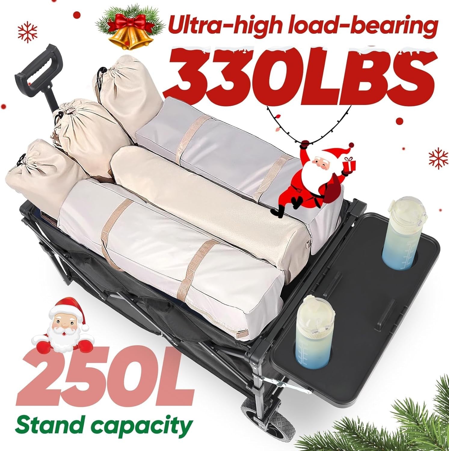 Black 250L Folding Wagon with Table Heavy Duty 330lbs Outdoor Trolley