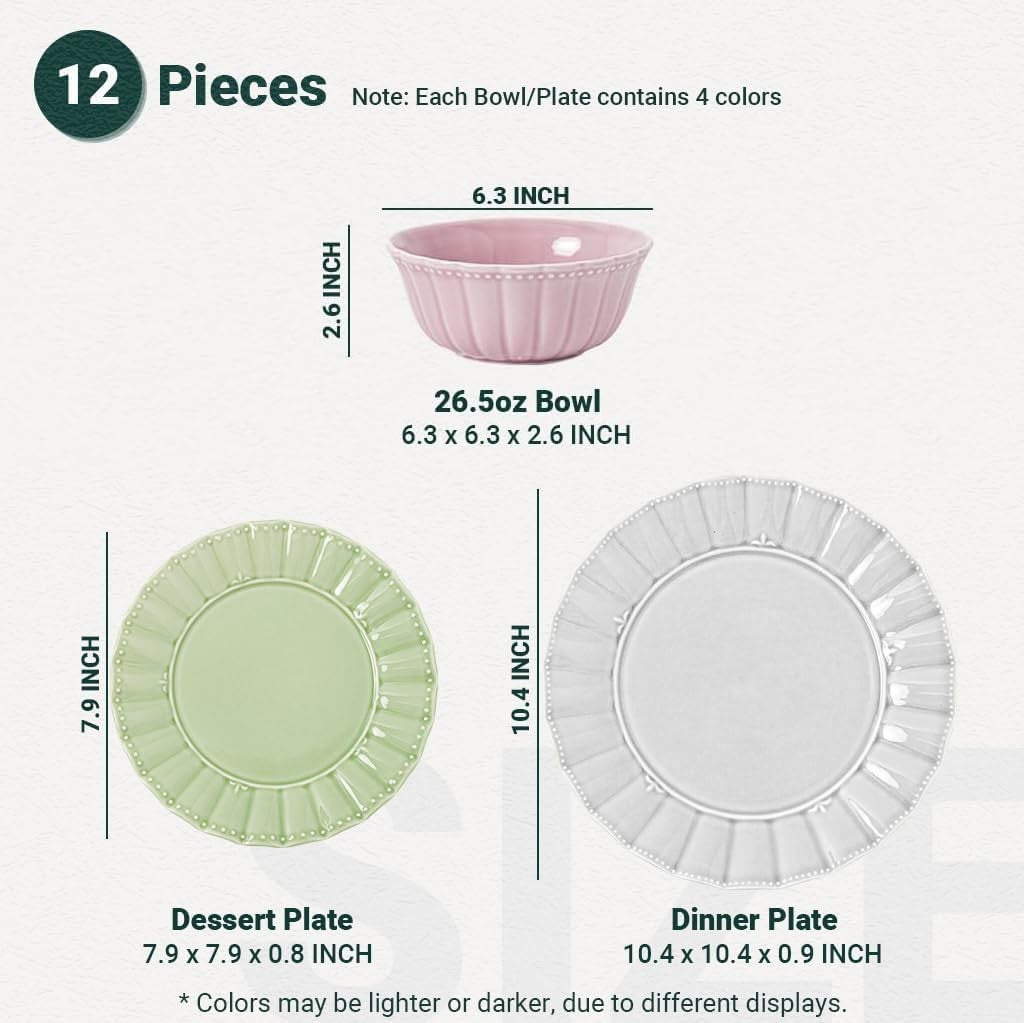 12 Piece Porcelain Dinner Set Colourful Plates Bowls Microwave Dishwasher Safe