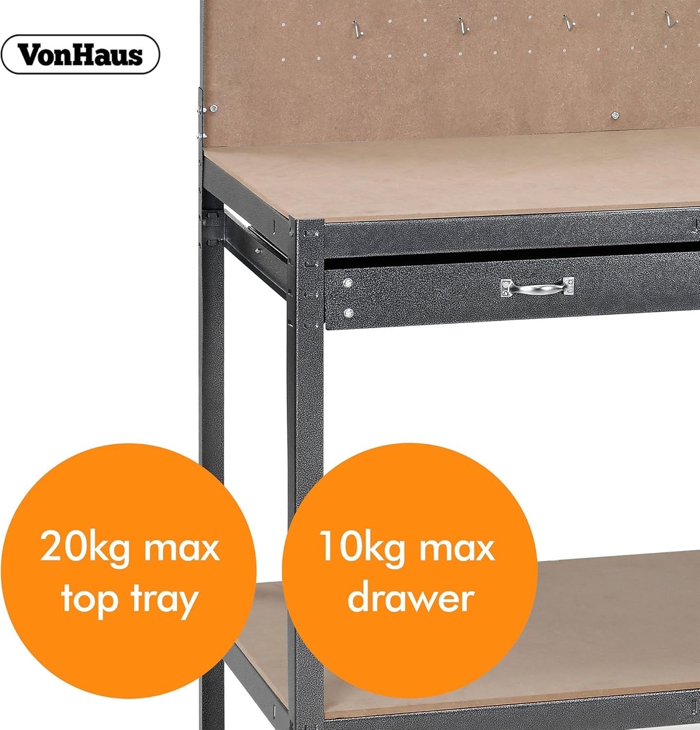 Garage Workbench with Pegboard Drawer Shelf 230kg Steel Frame 120cm Wide