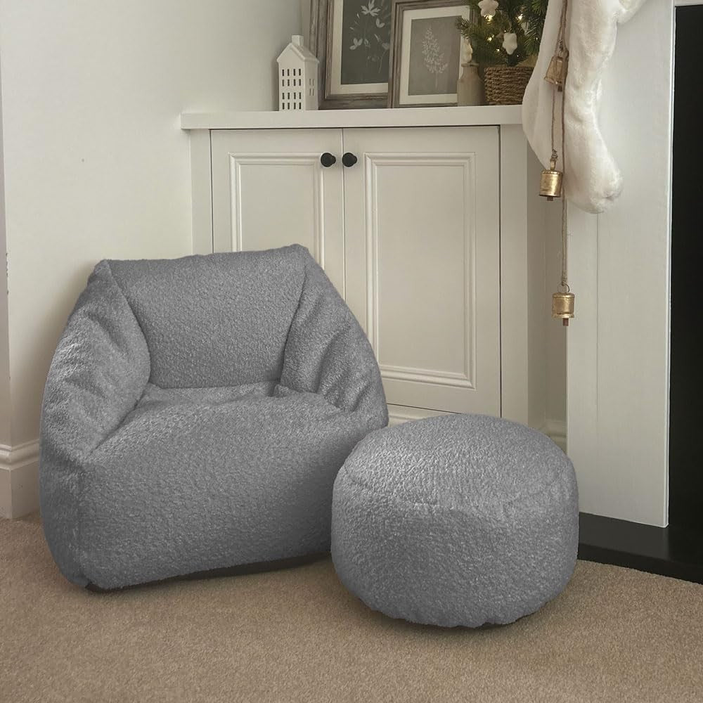 Kids Bouclé Bean Bag Chair Grey Armchair Soft Seat Sofa for Bedroom