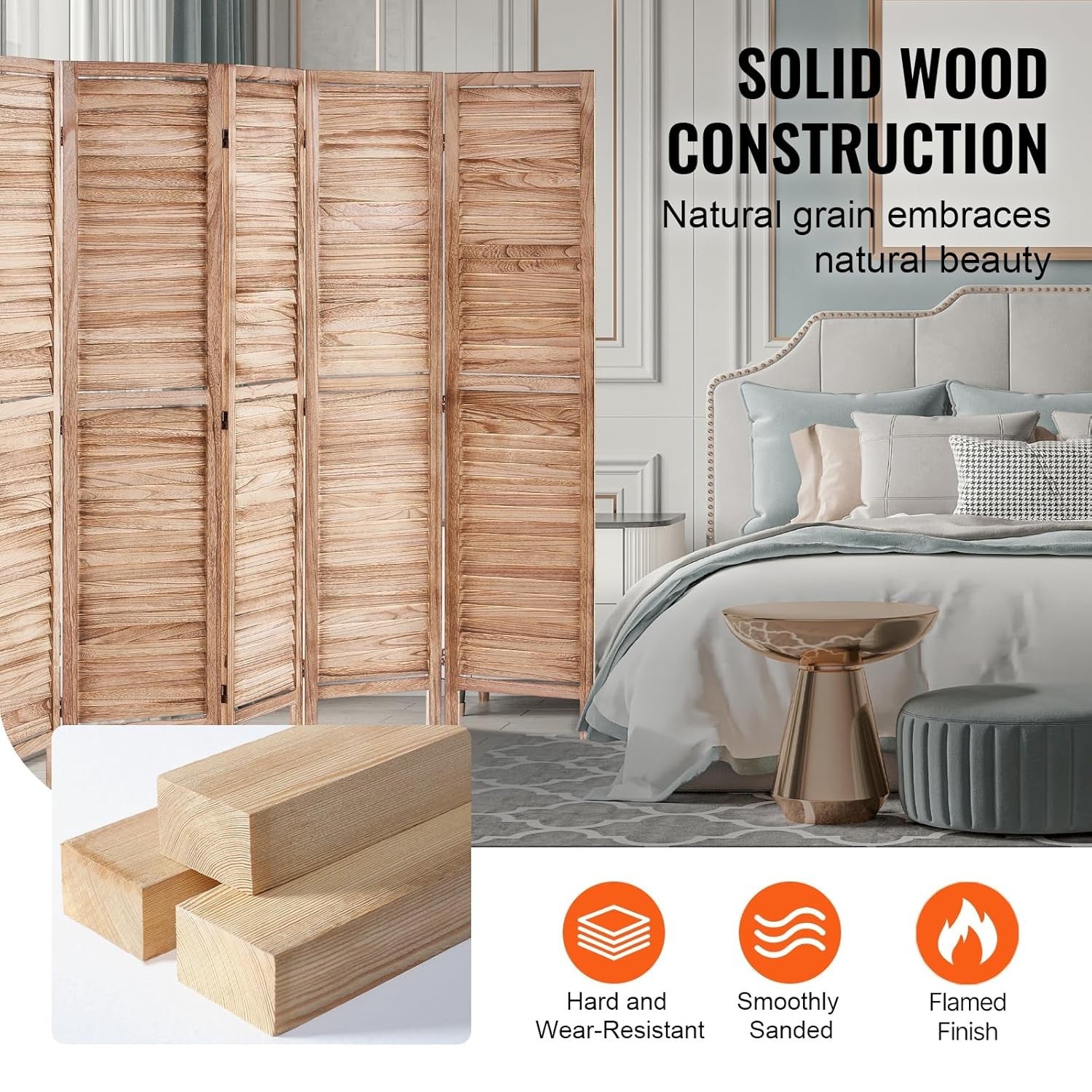 6 Panel Wooden Folding Room Divider Natural Privacy Screen 240x170cm