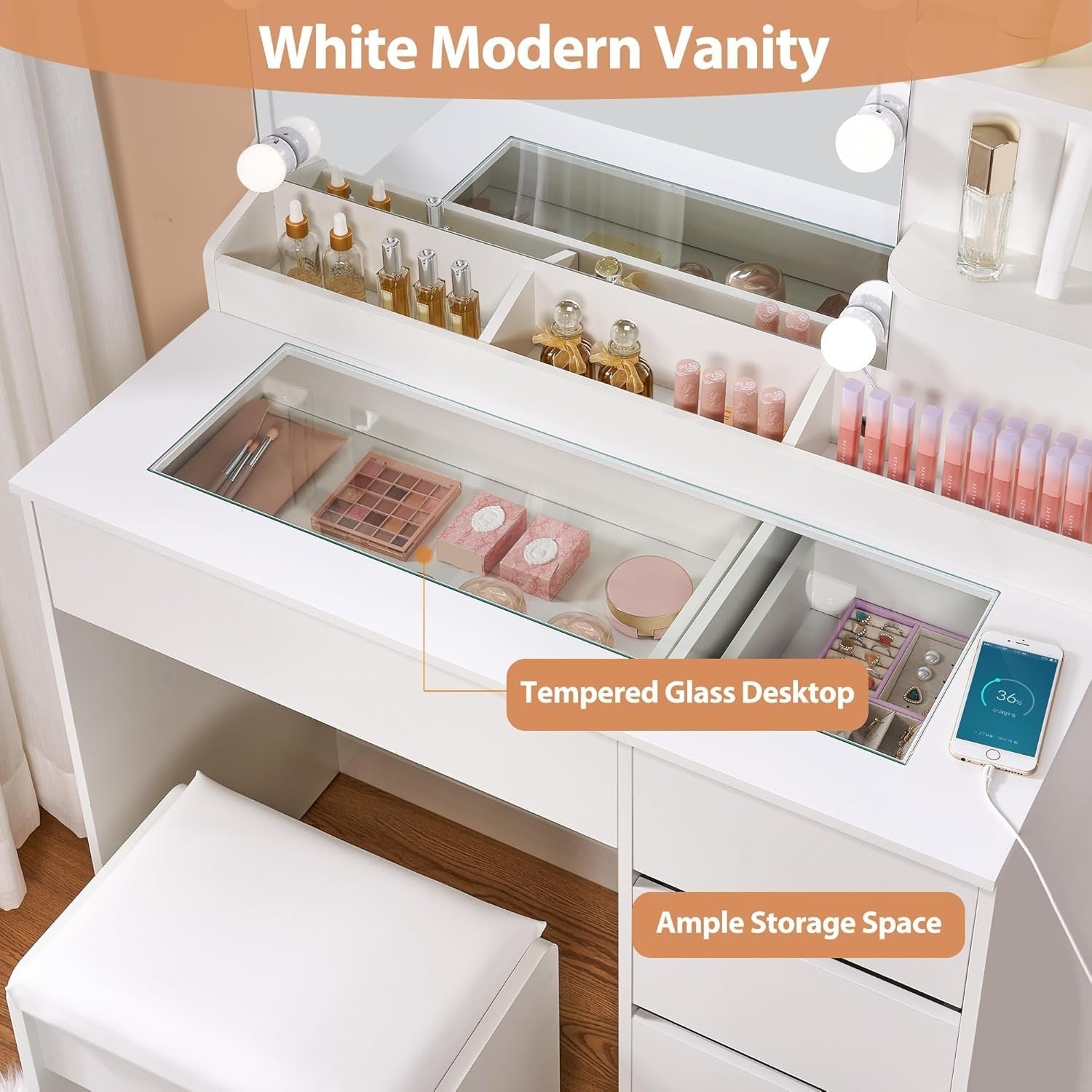 White Vanity Dressing Table Set LED Mirror Glass Top Charging Station 5 Drawers