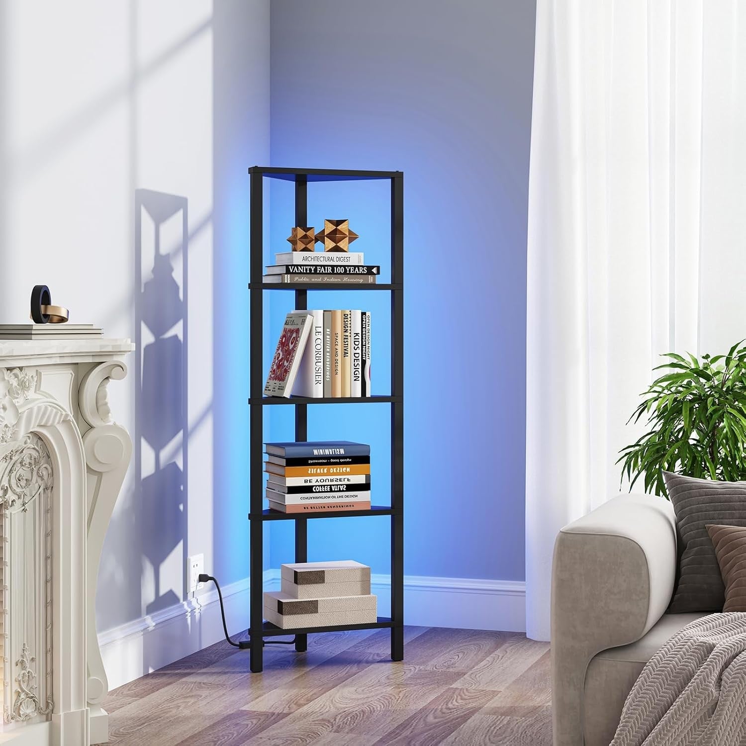 5-Tier Corner Bookshelf with LED Lights Slim Display Storage Unit for Small Spac