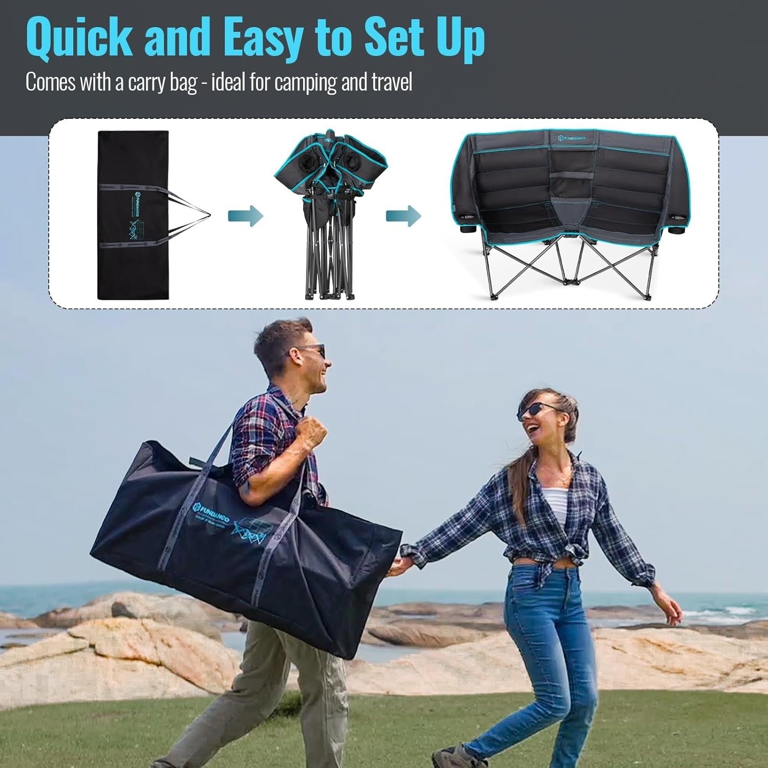 Double Camping Chair 2-Seater Foldable Sofa with Cooler Bag & Padded Seat