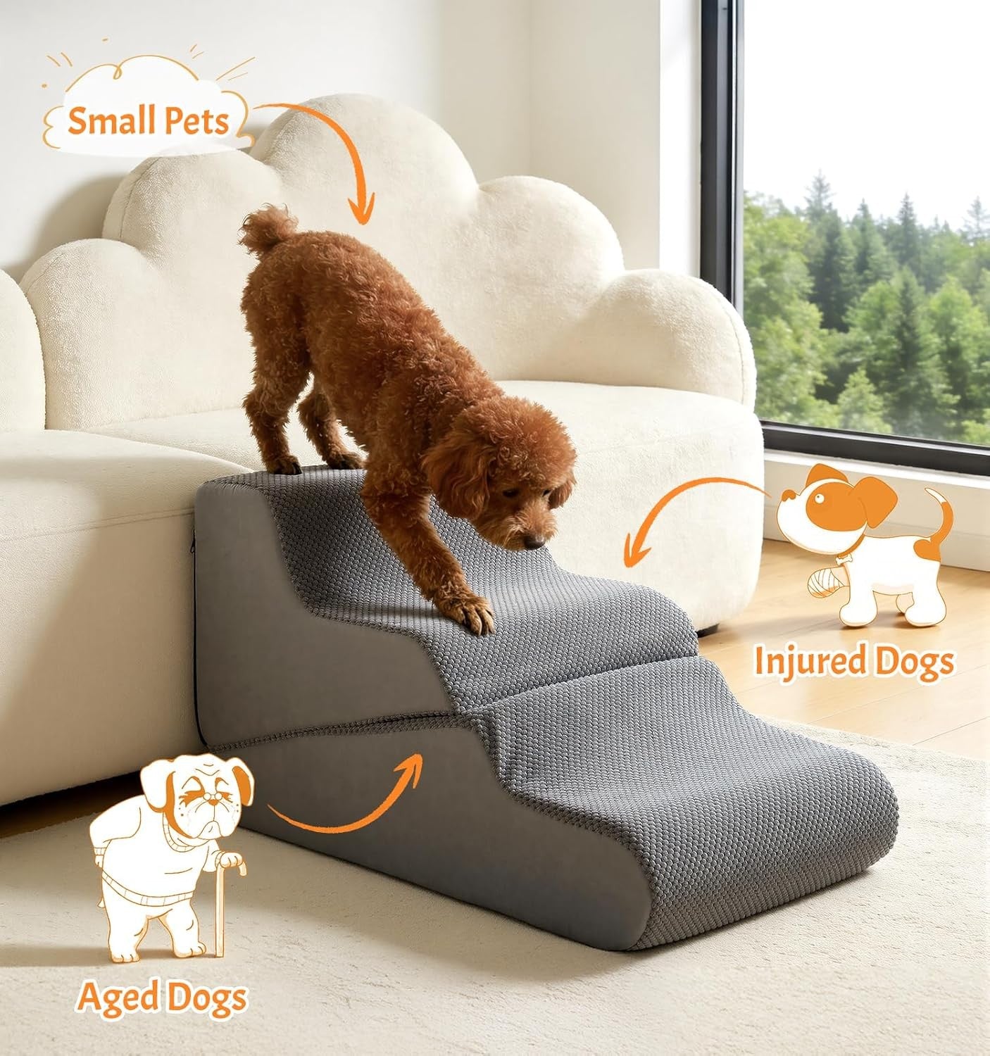 Grey 3 Step Dog Stairs Adjustable Foam Pet Ramp 68x40x40cm