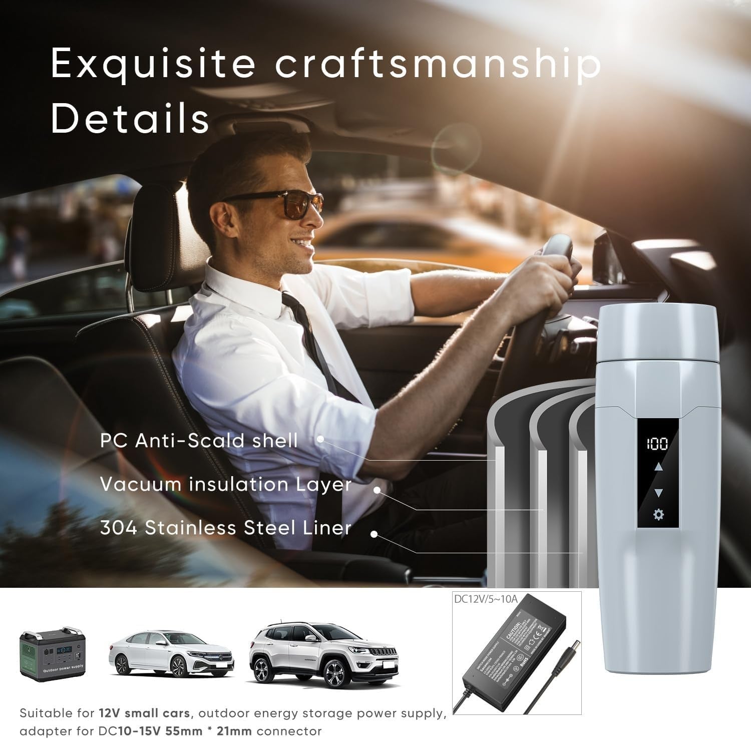 12V Portable Electric Kettle 40-100°C Car Heating Cup 80W Auto Shut Off