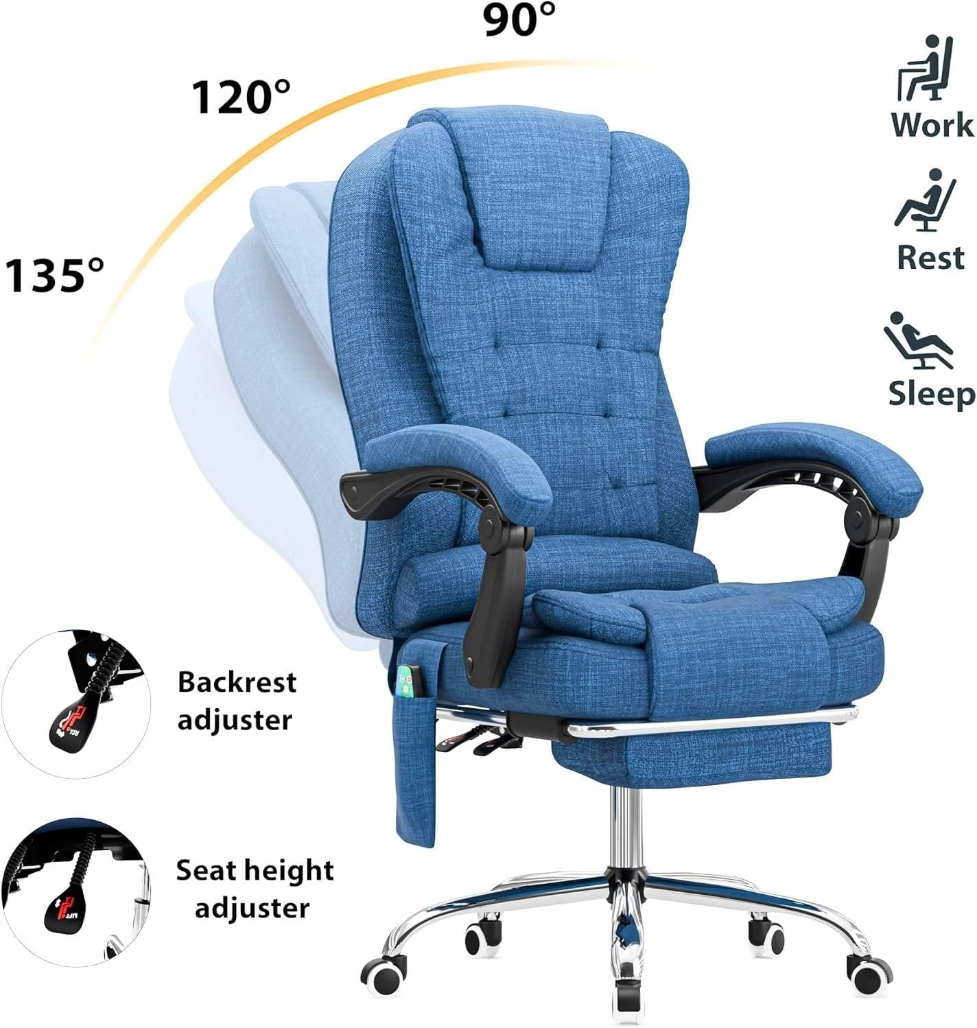 Massage Office Chair Recliner Linen Blue Gaming Computer Swivel Footrest