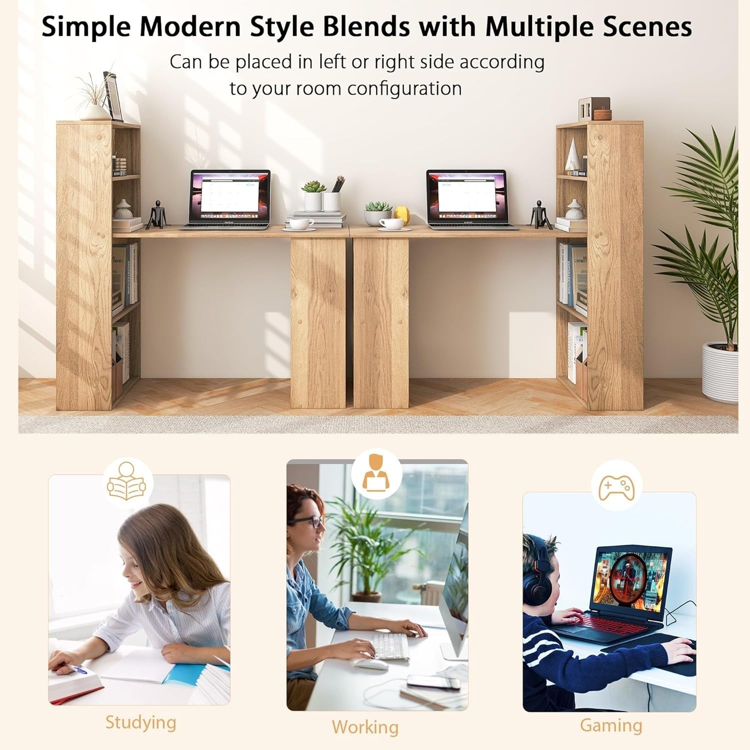 Modern Wooden Computer Desk with 6-Tier Shelves & Spacious Workstation