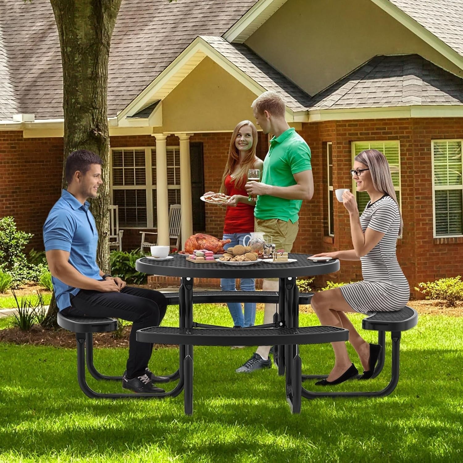 8-Seater Round Picnic Table & Bench Outdoor Dining Set with Umbrella Hole