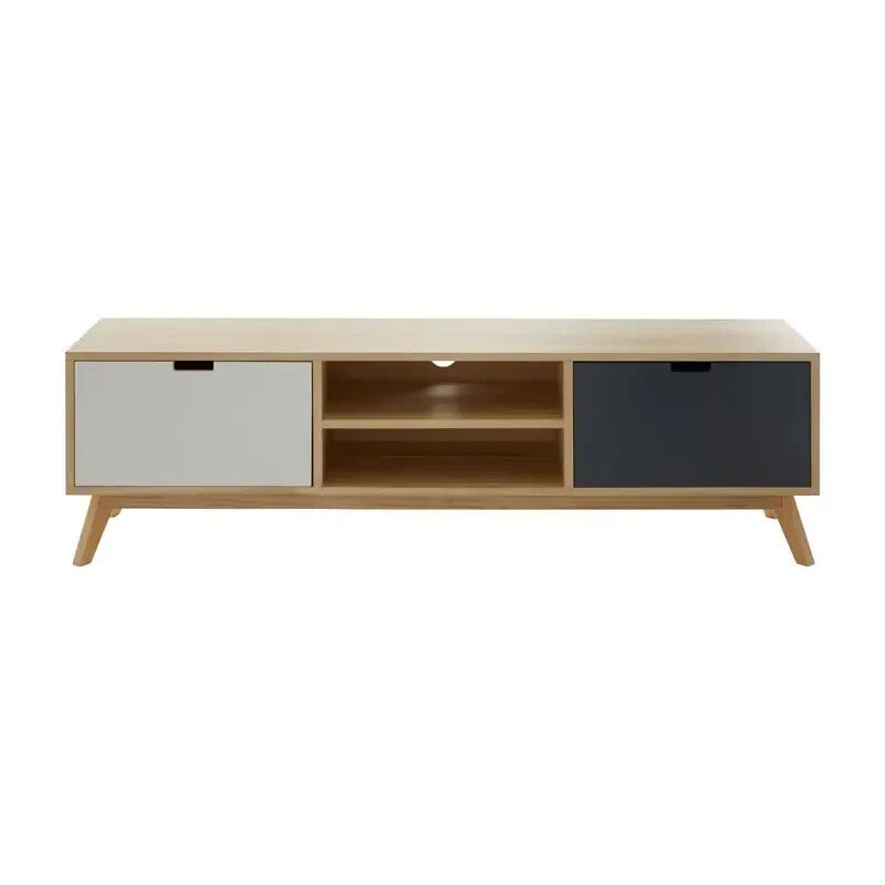 Mid Century TV Unit Oak Effect Low Cabinet 2 Door Media Stand 150cm Wide