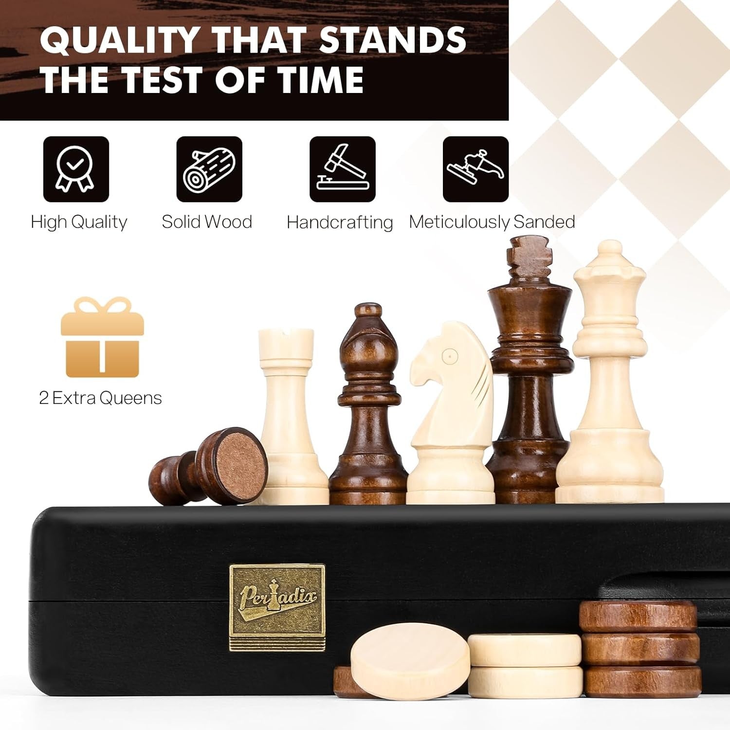 15" Magnetic 2-in-1 Chess & Draughts Folding Wooden Board Set w/ Extra Queens