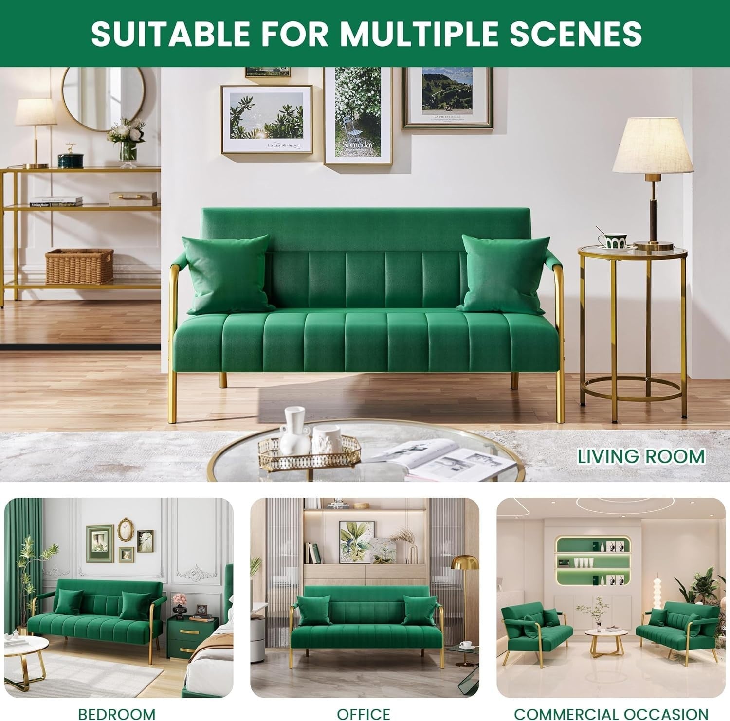 Green Velvet 2 Seater Sofa Gold Legs Modern Loveseat for Small Rooms Studio