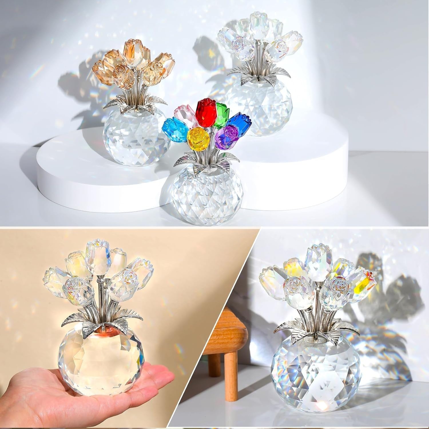 Clear Crystal Rose Bouquet Ornament Gift for Women Mum Birthday Anniversary