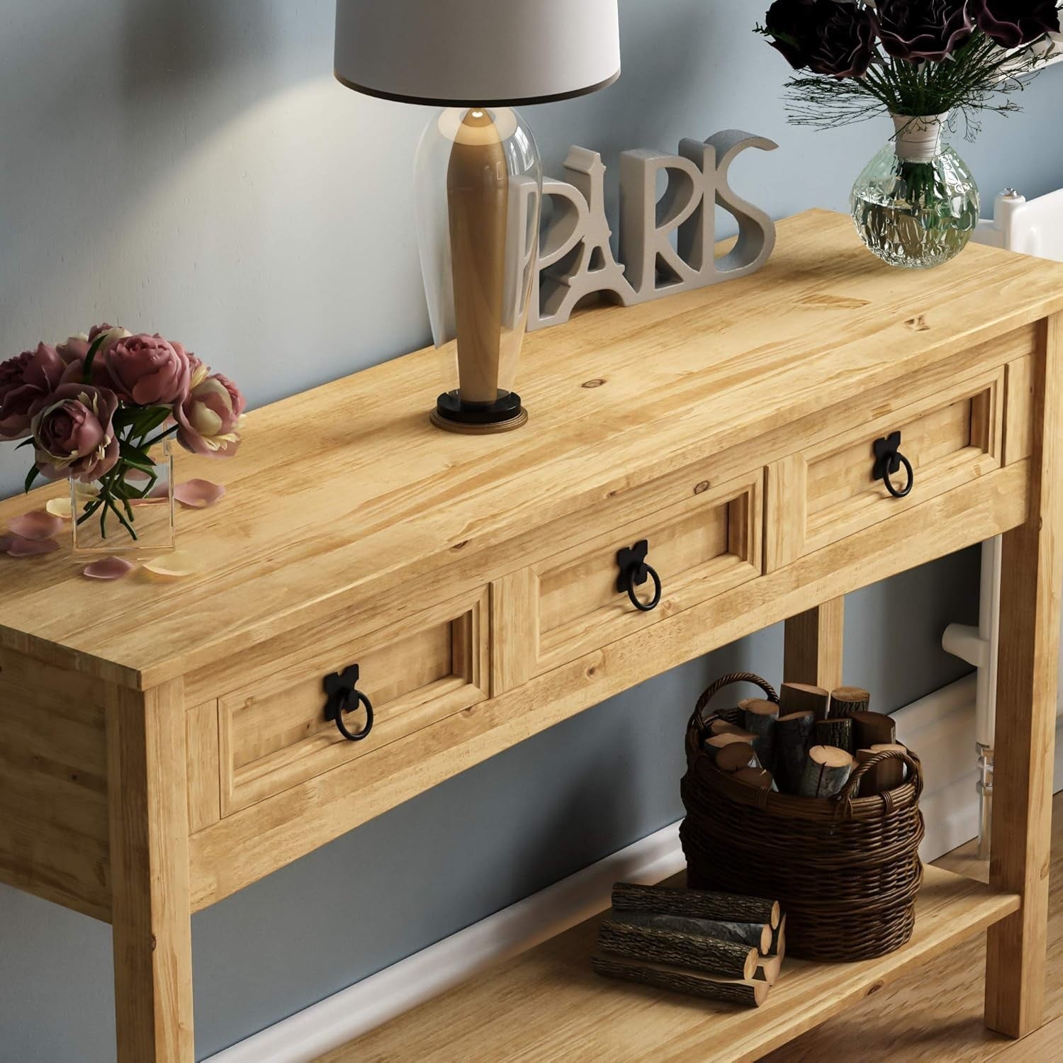 Solid Wood Console Table with Drawers & Shelf – Rustic Hallway Storage