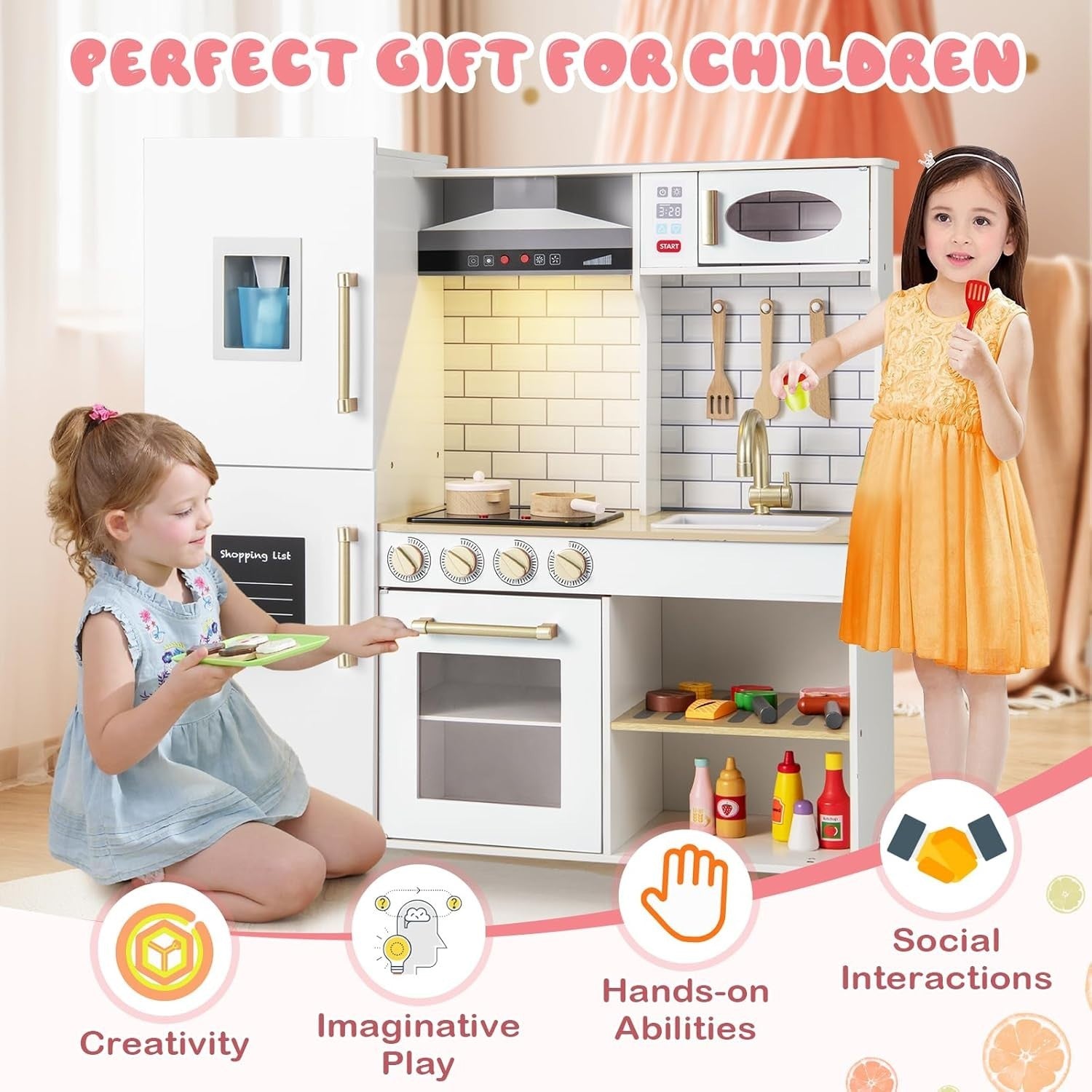 Wooden Kids Play Kitchen White Lights Sounds Toy Set Chalkboard