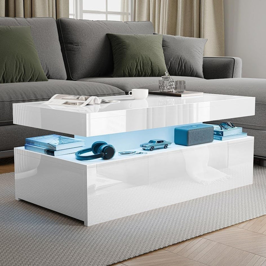 High Gloss Rectangle Coffee Table with 2 Drawers & RGB LED Lights 94x47x38cm