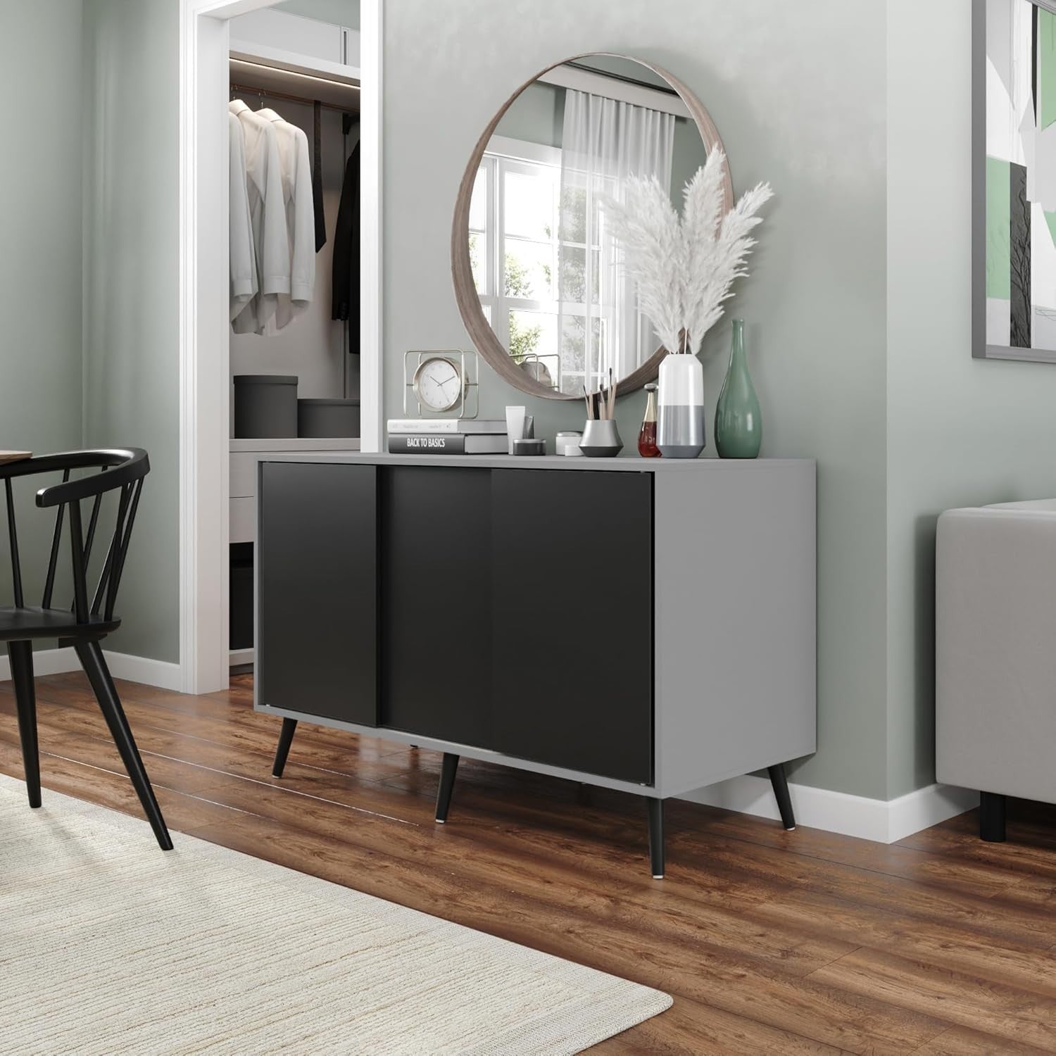 Modern Grey & Black 3 Door Sliding Sideboard Cabinet with Wooden Legs