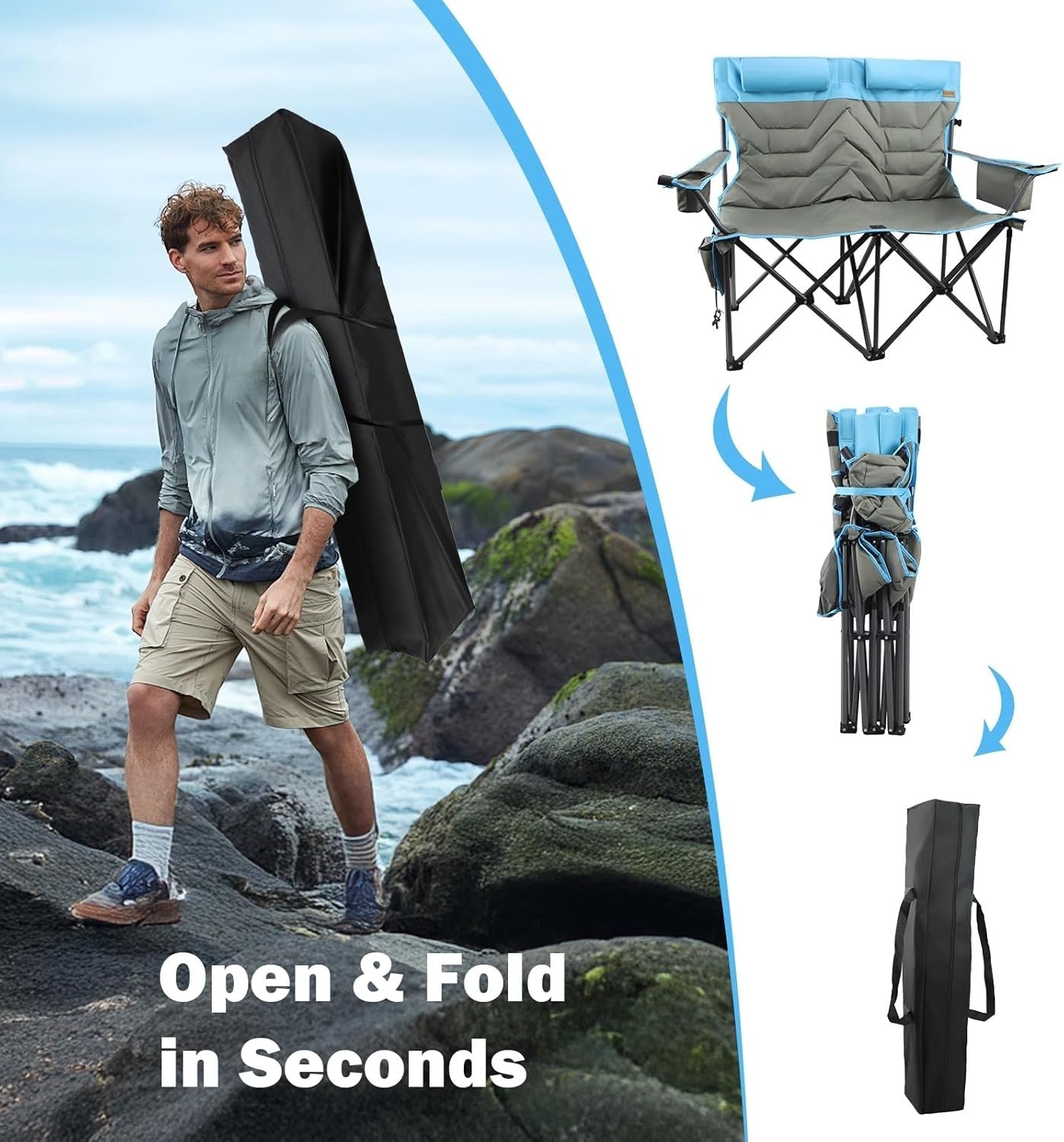 Double Folding Camping Chair 2-Seater Heavy Duty Cooler Cup Holders 650lbs