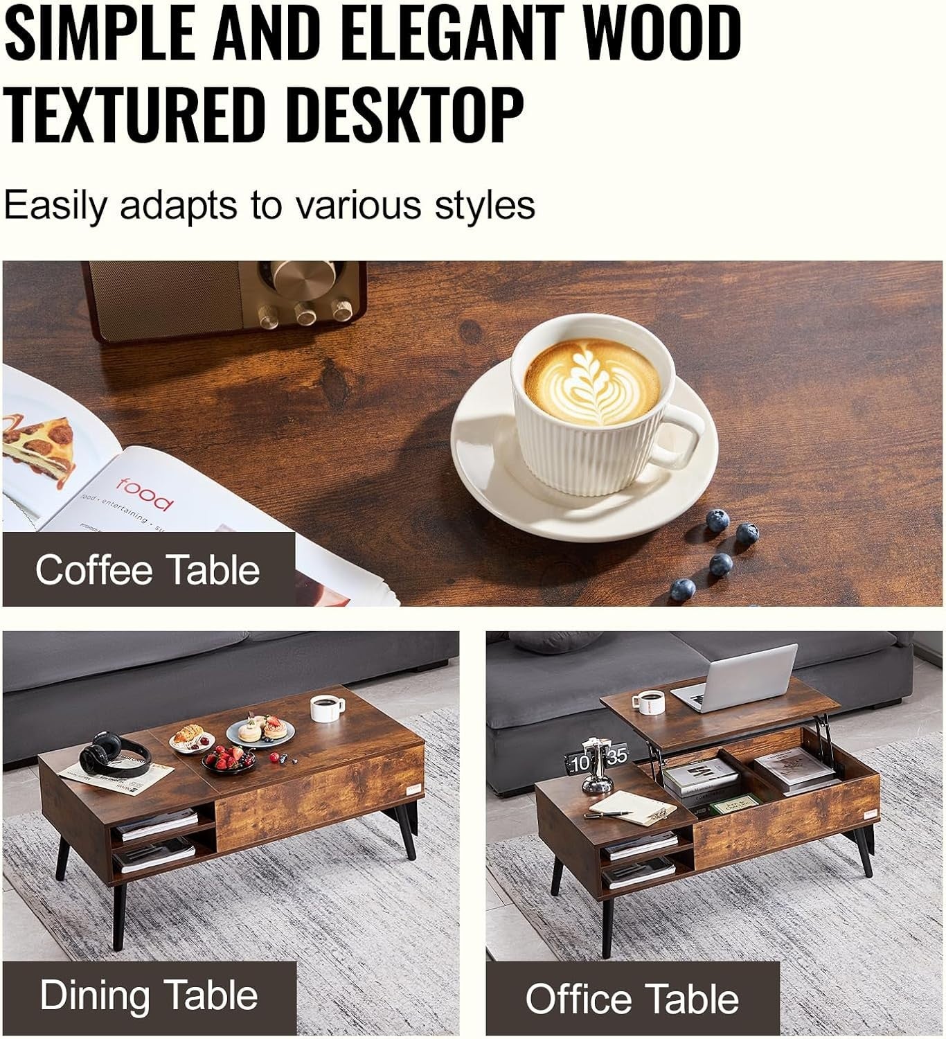 Lift Top Coffee Table with Storage, Pop Up Table 100cm for Small Spaces