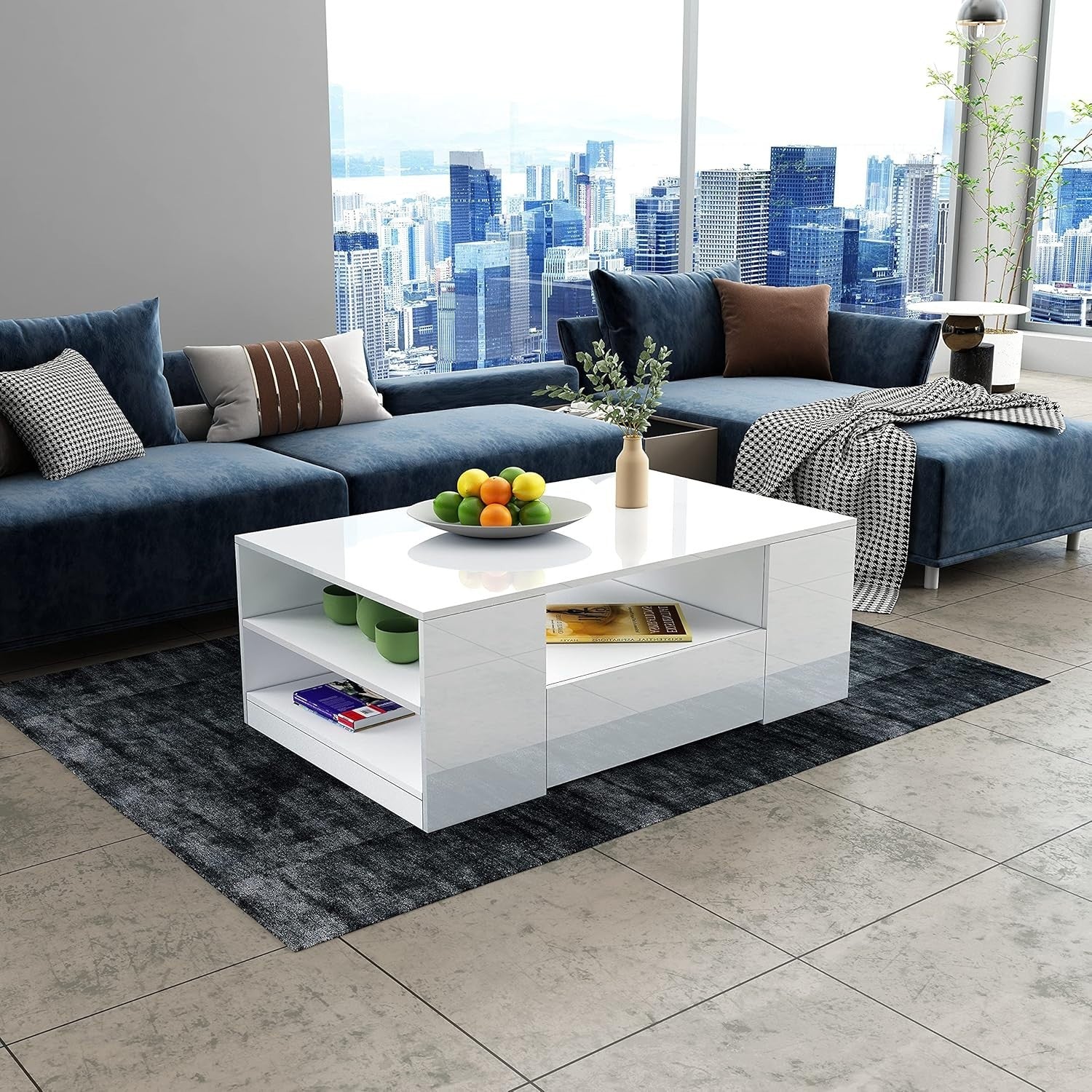 Modern White Gloss Coffee Table with Storage Shelf – Durable 95x55x37cm