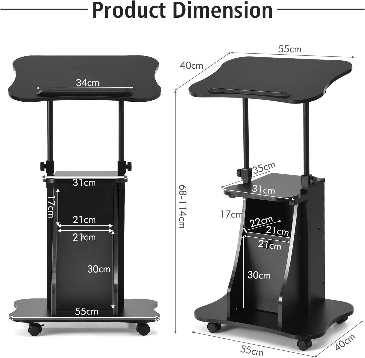 Height Adjustable Overbed Laptop Table with Storage Cabinet Wheels Black