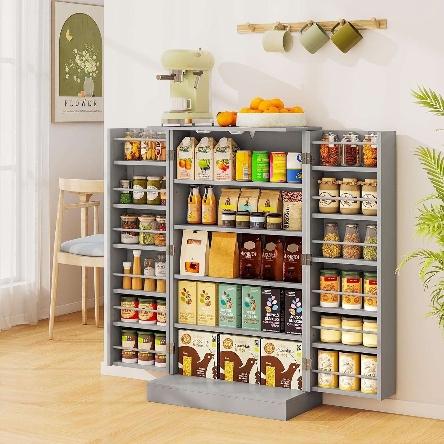 Compact Grey Pantry Cabinet with 2 Doors and 17 Storage Shelves