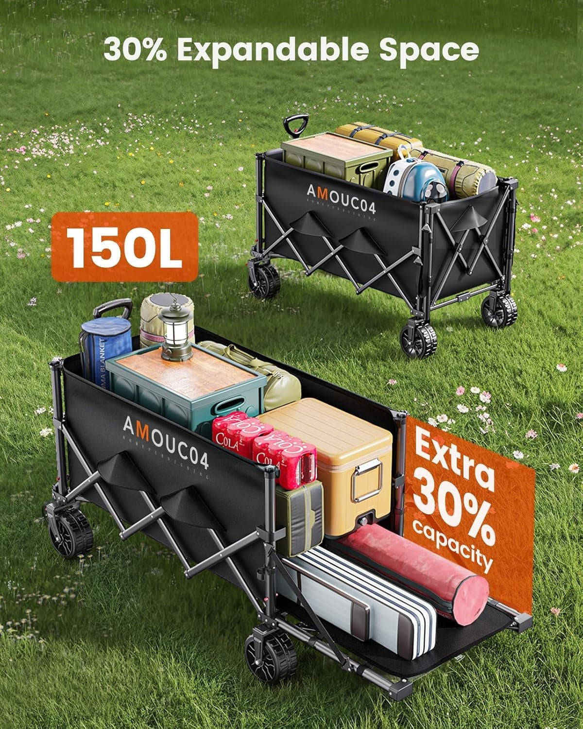 Black 150L Extendable Folding Festival Trolley Heavy Duty Camping Garden Wagon